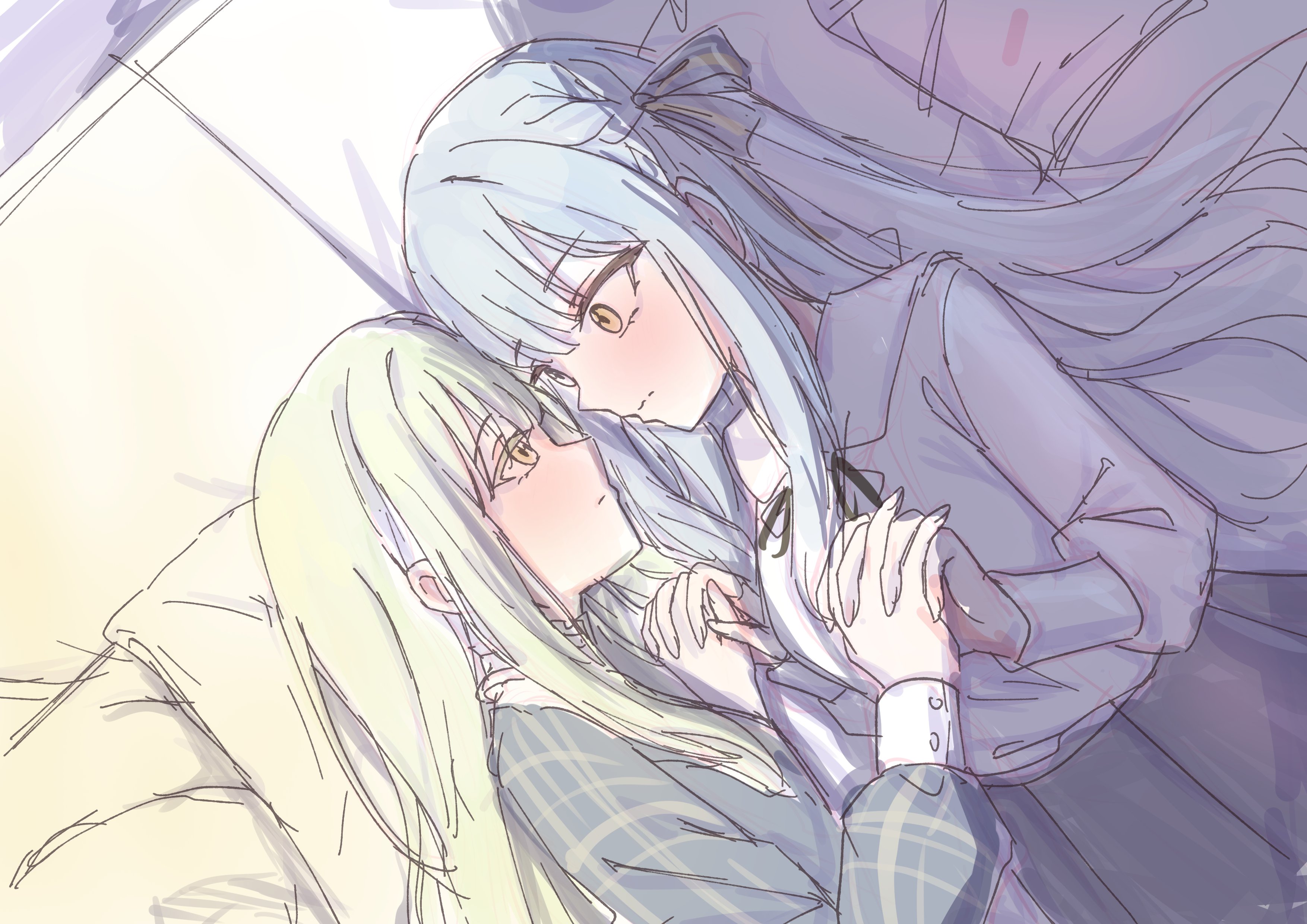 togawa sakiko, wakaba mutsumi, bang dream!, bang dream! it's mygo!!!!!, absurdres, commentary, hashtag-only commentary, highres, 2girls, black dress, black ribbon, blue hair, dress, green hair, hair ribbon, holding hands, interlocked fingers, long hair, multiple girls, reisa kazumiya, ribbon, shirt, two side up, white shirt, yellow eyes, yuri