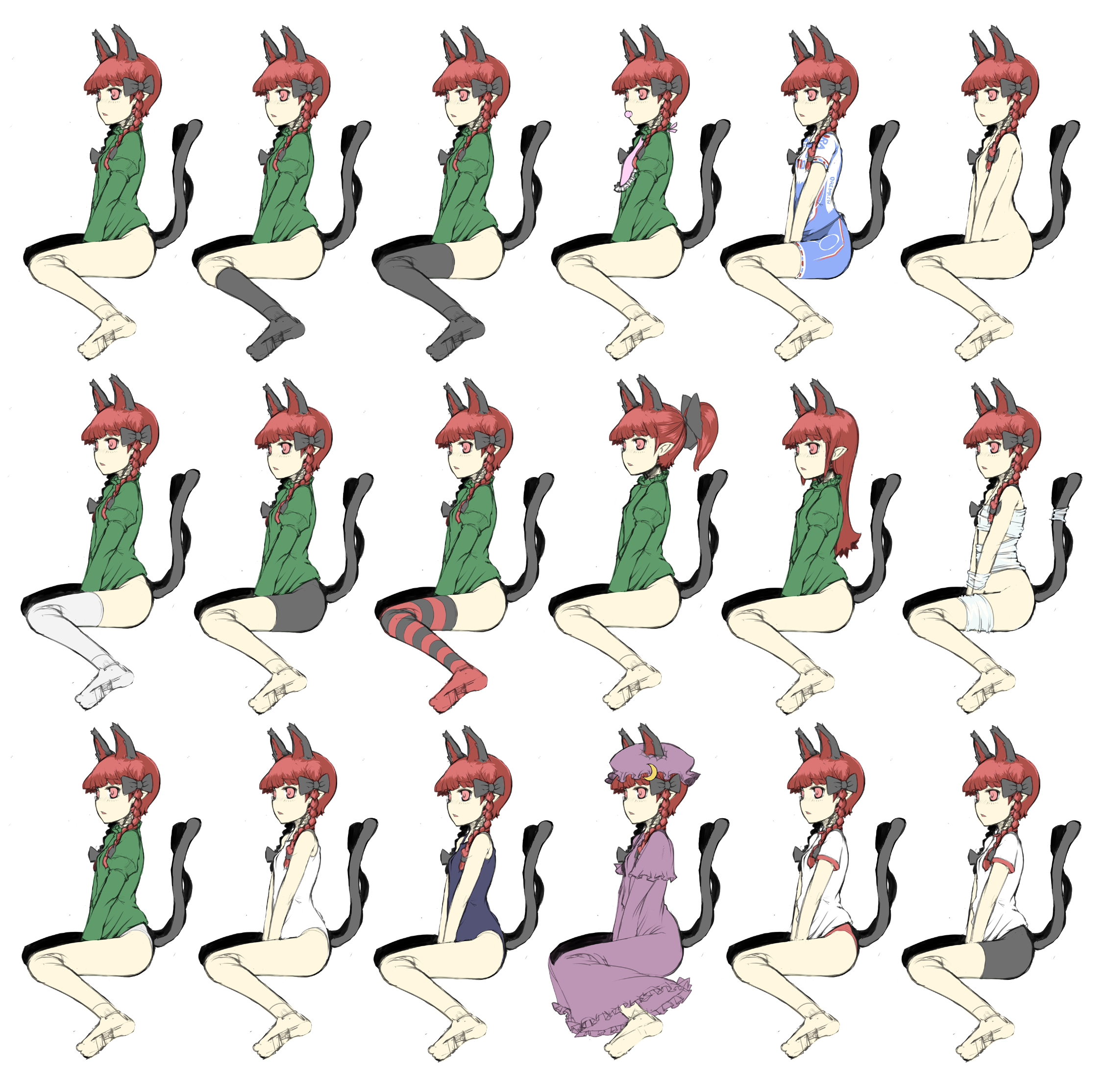 ofuro mantarou, kaenbyou rin, patchouli knowledge, touhou, bad id, bad pixiv id, highres, 1girl, alternate hairstyle, animal ears, bandages, bike shorts, bottomless, bow, braid, buruma, cat ears, cat girl, cat tail, clothes writing, cosplay, female focus, gym uniform, hair down, long hair, multiple tails, multiple views, no panties, nude, one-piece swimsuit, patchouli knowledge (cosplay), ponytail, red hair, sketch, soccer uniform, socks, sportswear, striped clothes, striped thighhighs, swimsuit, tail, thighhighs, variations