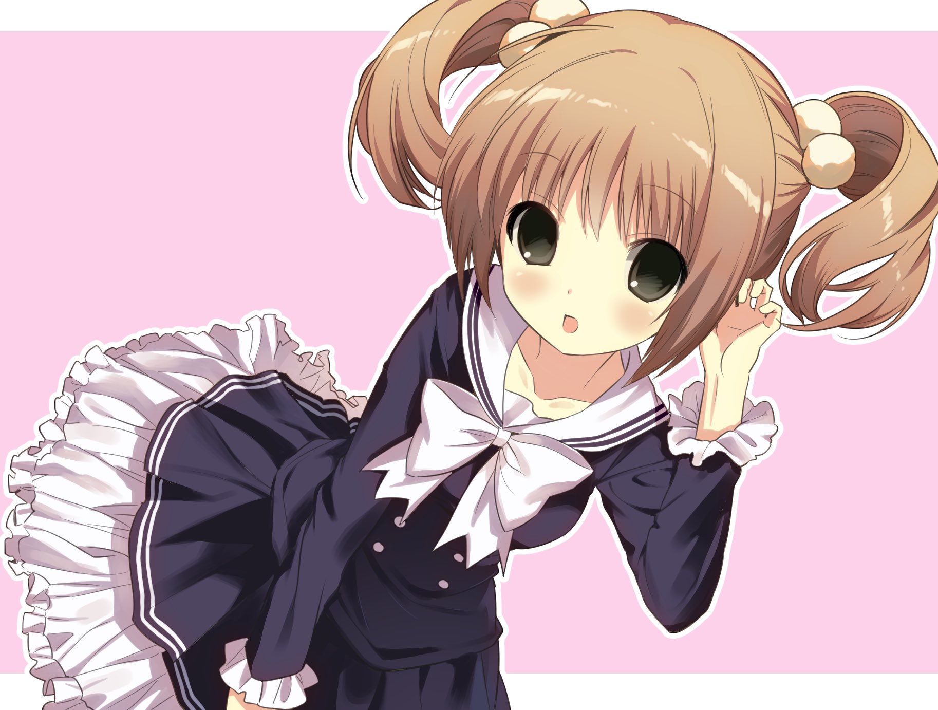 character request, copyright request, highres, 1girl, 2000s (style), black eyes, black shirt, black skirt, blonde hair, blush, border, bow, bowtie, breasts, buttons, cowboy shot, double-breasted, faux retro artstyle, frilled skirt, frilled sleeves, frills, from above, haijin0i, hair ornament, hand in own hair, head tilt, long sleeves, looking at viewer, open mouth, outline, pink background, pleated skirt, pom pom (clothes), pom pom hair ornament, raised eyebrows, sailor collar, school uniform, shirt, short twintails, sidelocks, skirt, small breasts, smile, solo, twintails, wavy hair, white border, white bow, white bowtie, white outline, white sailor collar, white skirt