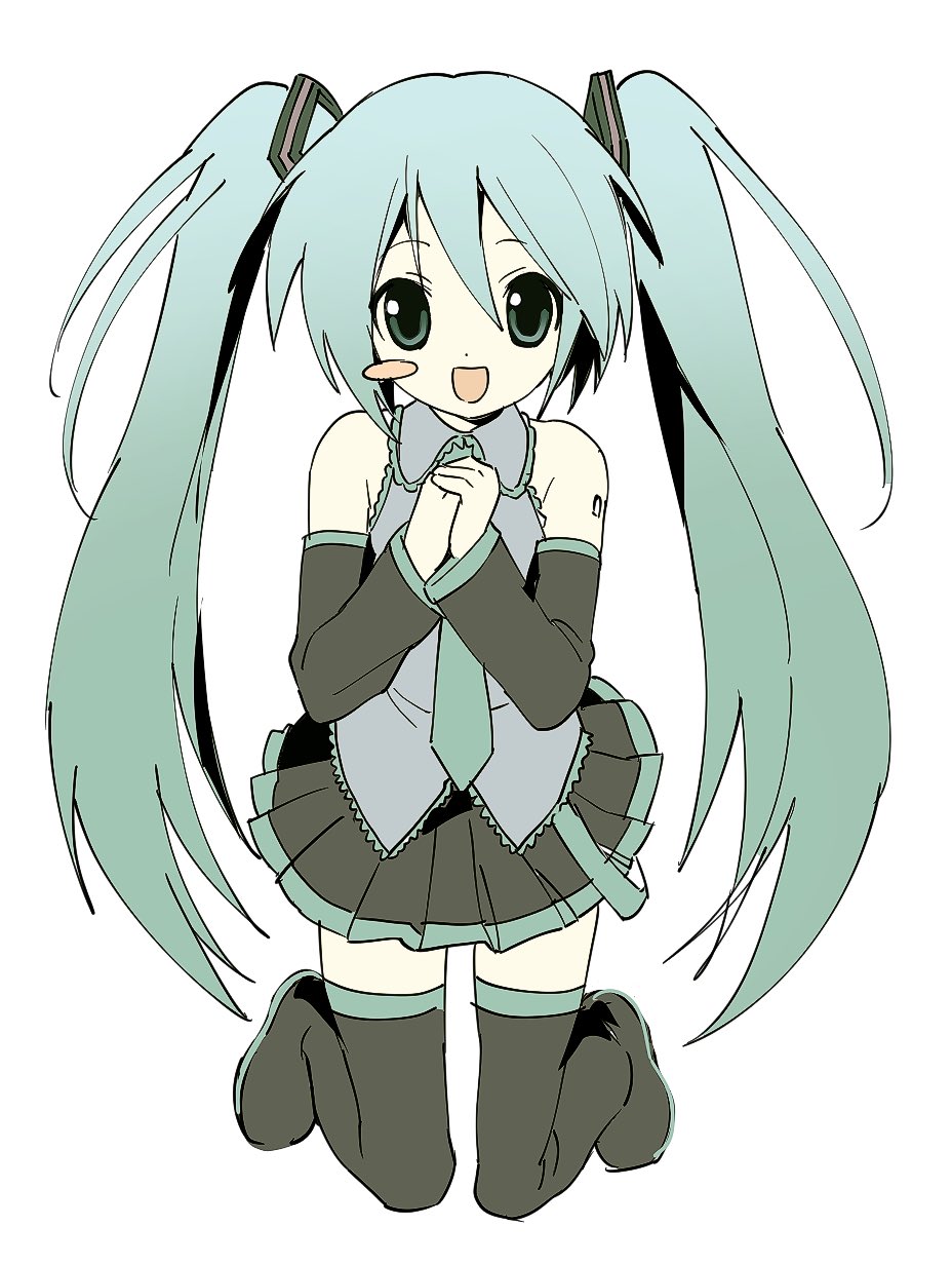 hatsune miku, vocaloid, highres, 1girl, 2000s (style), aqua belt, aqua eyes, aqua hair, aqua necktie, aqua trim, bare shoulders, belt, black boots, black skirt, black sleeves, blush stickers, boots, collared shirt, dot nose, faux retro artstyle, flat color, full body, gradient hair, grey shirt, haijin0i, hair between eyes, kneeling, long hair, long sleeves, looking at viewer, loose belt, miniskirt, multicolored hair, necktie, number tattoo, open mouth, own hands clasped, own hands together, pleated skirt, shirt, shoulder tattoo, sidelocks, single blush sticker, skirt, sleeveless, sleeveless shirt, smile, solo, tattoo, thigh boots, twintails, very long hair, white background