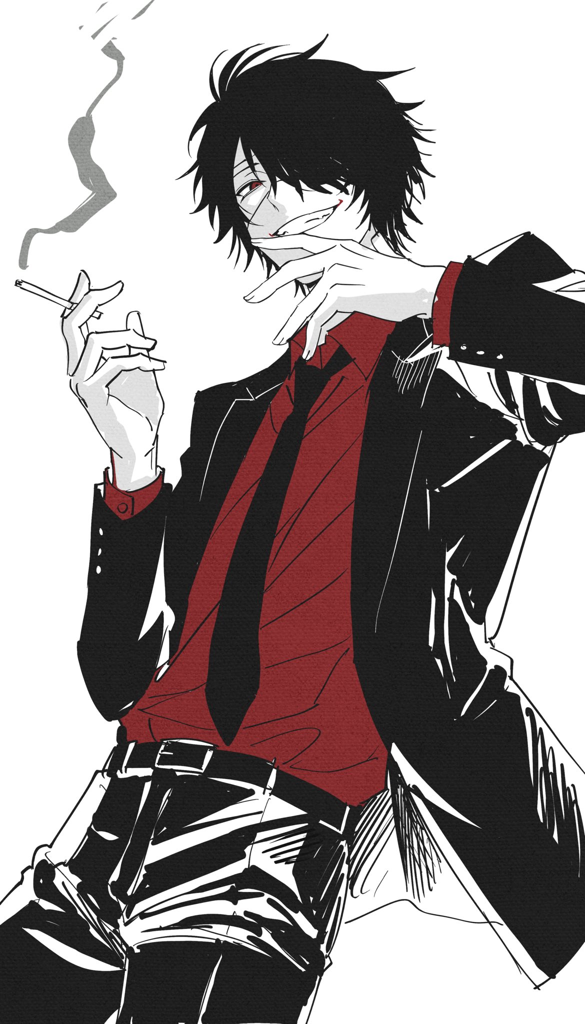 shinbashi (ooe), ooe (game), highres, 1boy, belt, black belt, black hair, black jacket, black necktie, black pants, blazer, cigarette, collared shirt, cowboy shot, cowlick, eyepatch, floating clothes, grin, haijin0i, hair over one eye, hand on own chin, head tilt, holding, holding cigarette, jacket, lapels, long sleeves, looking at viewer, male focus, necktie, notched lapels, open clothes, open jacket, pants, red eyes, red shirt, shirt, short hair, smile, smirk, smoke, smoke trail, solo, spot color, white background, wing collar