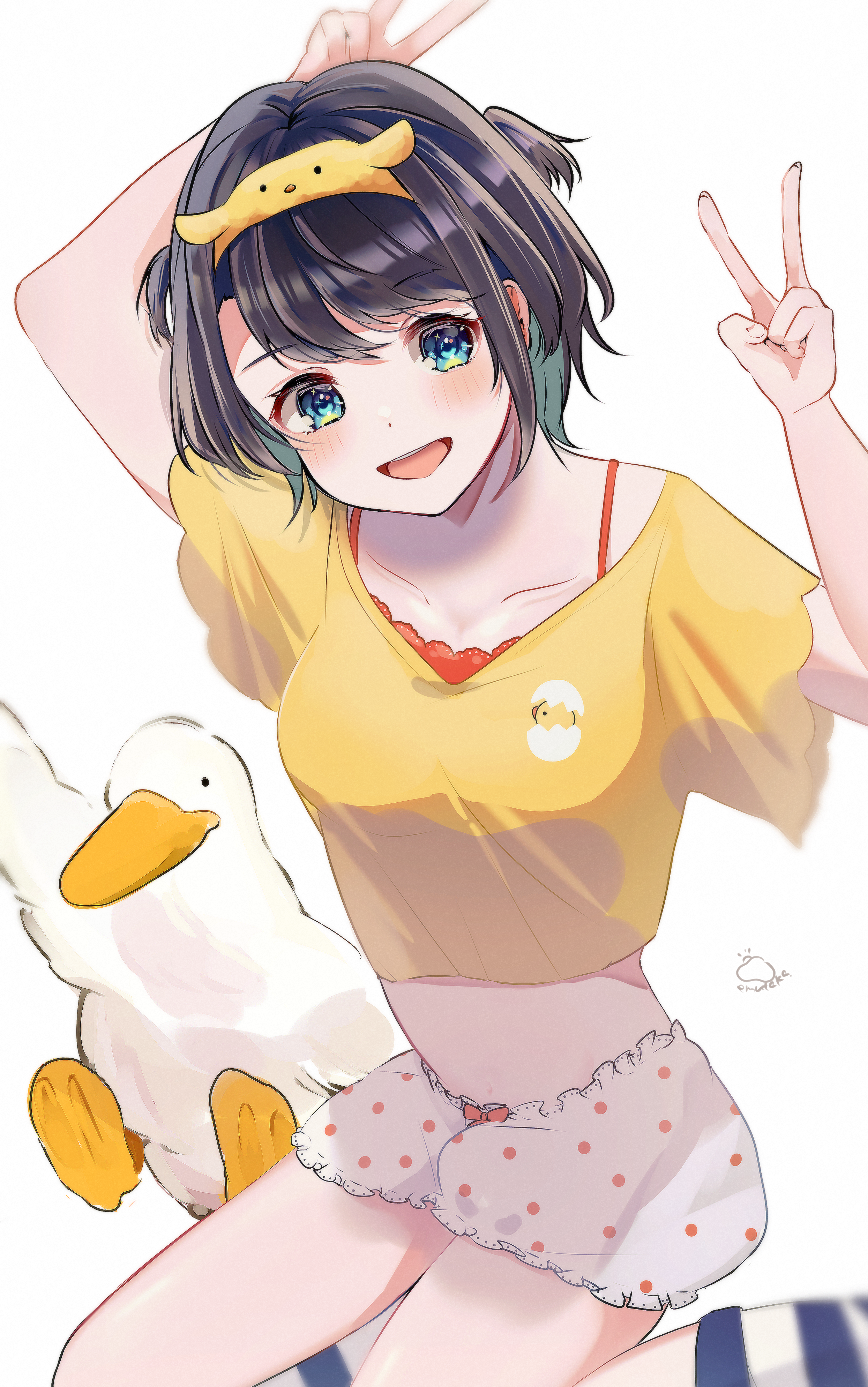emutakanoe, oozora subaru, oozora subaru (loungewear), hololive, absurdres, highres, 1girl, :d, arms up, artist name, bird, black hair, black socks, bloomers, blue eyes, bra, bra peek, breasts, cropped shirt, duck, feet out of frame, hairband, large breasts, looking at viewer, loose socks, loungewear, midriff, navel, open mouth, orange bra, polka dot, shirt, short hair, short sleeves, signature, simple background, sitting, smile, socks, solo, striped clothes, striped socks, two side up, underwear, v, virtual youtuber, white background, white bloomers, yellow hairband, yellow shirt, yokozuwari