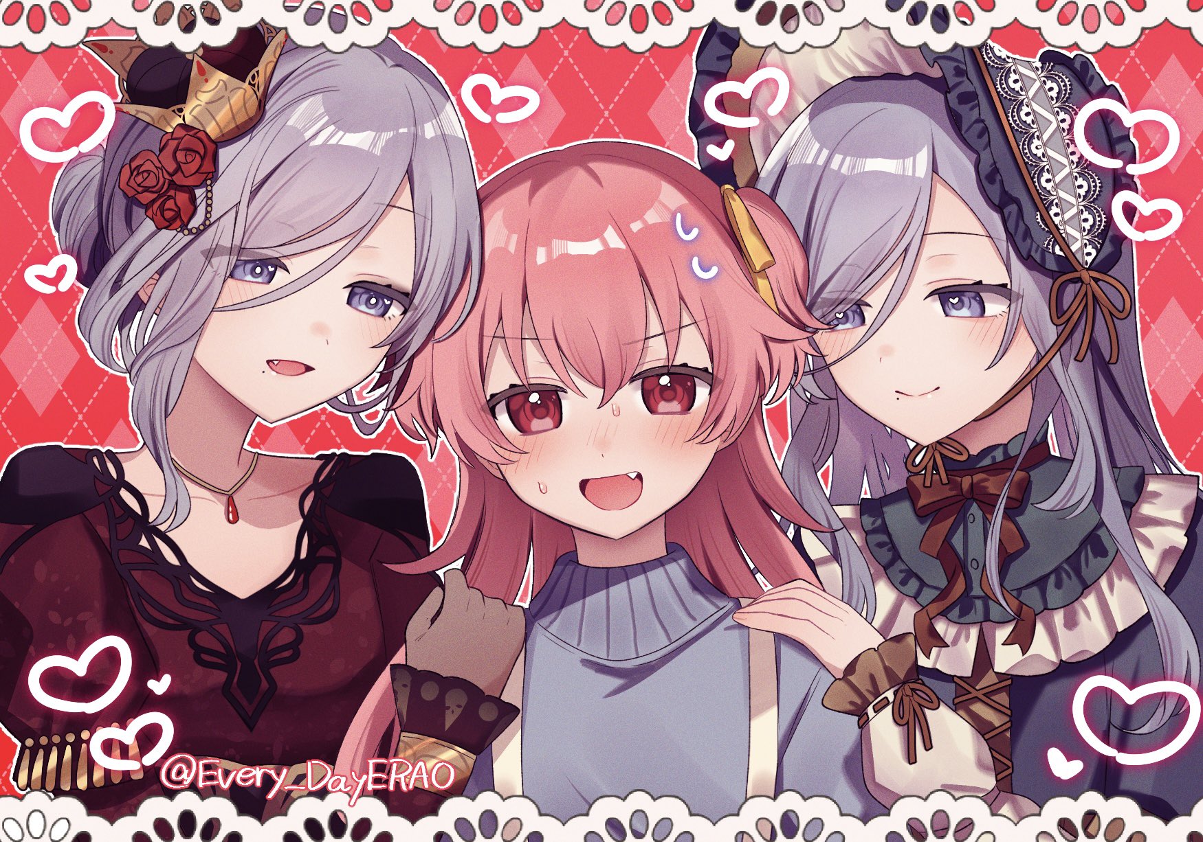 erao, hinomori shizuku, momoi airi, project sekai, highres, black gloves, blue eyes, blue hair, blue sweater, blush, bonnet, brown gloves, collar, fang, frilled bonnet, frilled collar, frilled sleeves, frills, gloves, gold trim, hair ornament, hair ribbon, heart, heart in eye, high collar, jewelry, kono hito hari ni omoi wo komeru (project sekai), lace-trimmed bonnet, looking at another, mole, mole under mouth, necklace, official alternate costume, official alternate hairstyle, open mouth, pink eyes, pink hair, ribbon, sweatdrop, sweater, symbol in eye, yellow ribbon