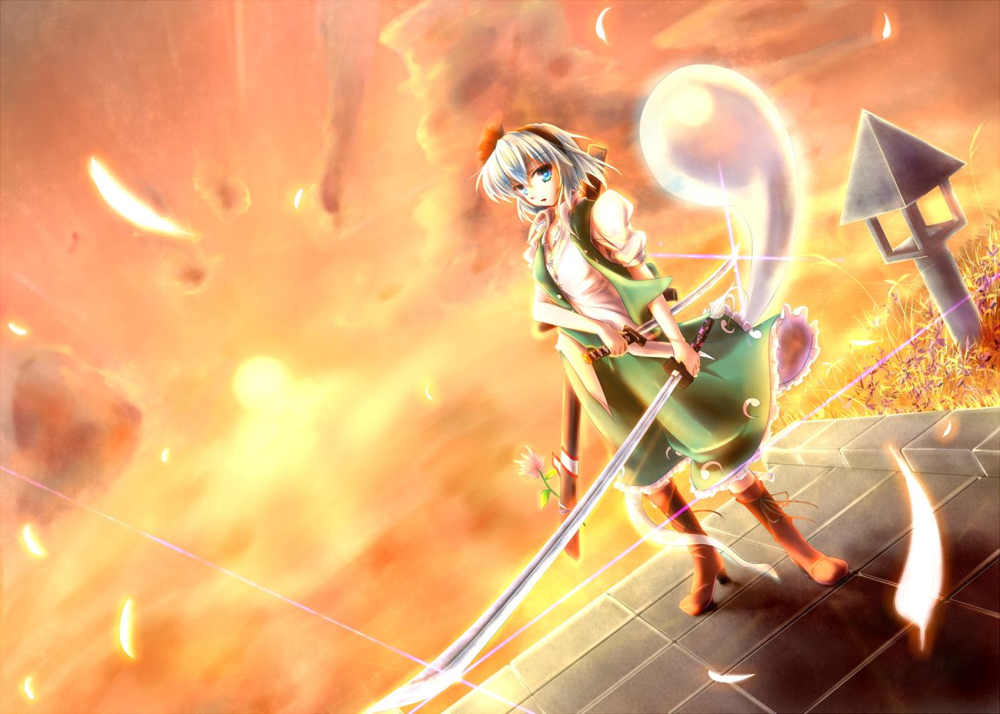 mugen soukyuu, konpaku youmu, konpaku youmu (ghost), touhou, silver hair, 1girl, blue eyes, female focus, ghost, hairband, katana, nature, outdoors, ribbon, short hair, sky, solo, sword, weapon