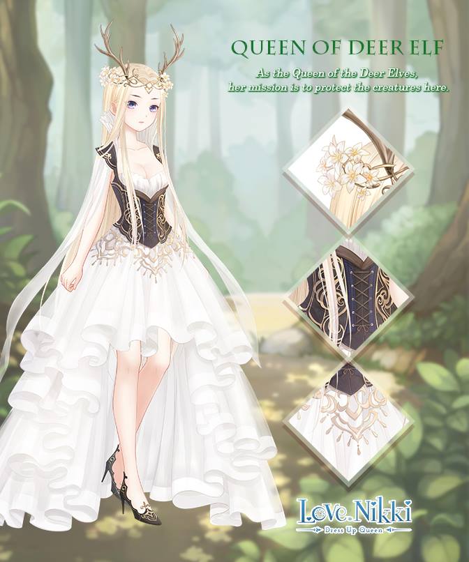 miracle nikki, nikki (series), artist request, official art, third-party source, 1girl, antlers, bare arms, bare legs, black shoes, black vest, blonde hair, breasts, brown horns, bush, character name, circlet, cleavage, close-up, closed mouth, collarbone, copyright logo, cross, cross-laced vest, dappled sunlight, day, deer antlers, dot nose, dress, english text, expressionless, flower, forehead, forest, frilled dress, frills, full body, hair flower, hair ornament, high heels, horns, knees, light blush, logo, long dress, long hair, long sidelocks, looking at viewer, medium breasts, nature, no socks, outdoors, path, purple eyes, queen of deer elf (miracle nikki), ribbon, road, shoes, sidelocks, sleeveless, sleeveless dress, solo, standing, stiletto heels, sunlight, very long hair, vest, white dress, white flower, white ribbon