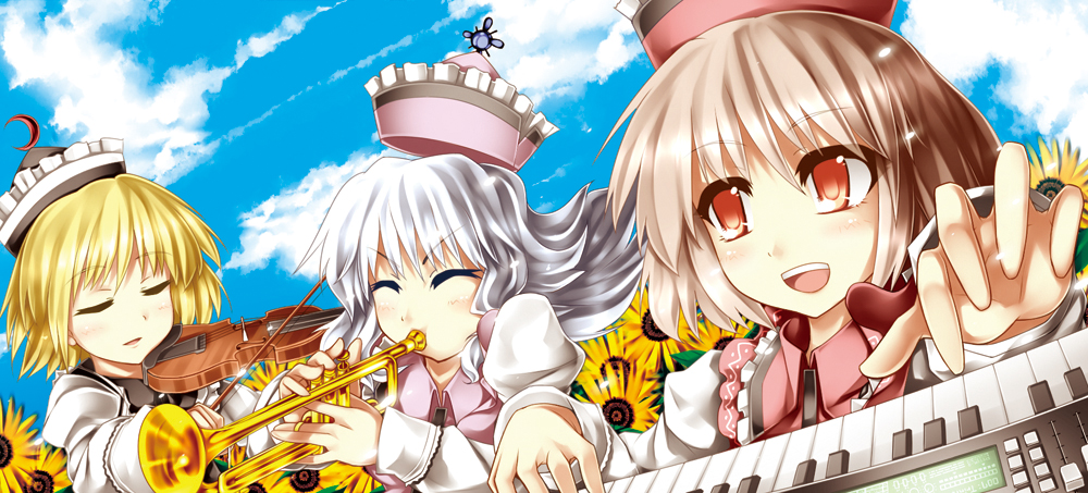 kazetto, lunasa prismriver, lyrica prismriver, merlin prismriver, touhou, silver hair, 3girls, blonde hair, brown hair, closed eyes, female focus, hat, instrument, keyboard (instrument), multiple girls, orange eyes, short hair, siblings, sisters, trumpet, violin