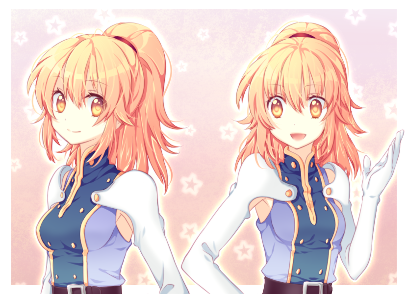 riichu, chastel aiheap, hisca aiheap, tales of (series), tales of vesperia, bad id, bad pixiv id, 00s, 2girls, armpits, blonde hair, elbow gloves, gloves, multiple girls, ponytail, siblings, sisters, smile, twins