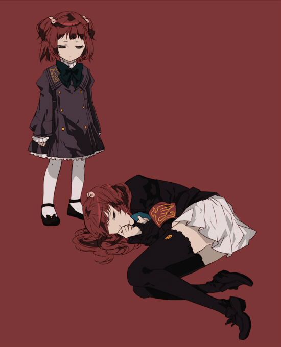 ayko, oono eiko, ushiromiya ange, umineko no naku koro ni, bad id, bad pixiv id, 00s, 2girls, aged down, armband, dress, dual persona, hair bobbles, hair ornament, jacket, legs, long hair, multiple girls, red hair, ribbon, short hair, skirt, thighhighs, time paradox, twintails, zettai ryouiki