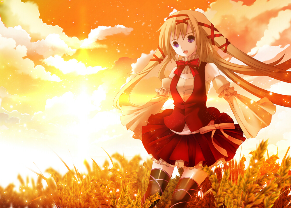 yuuki kira, original, bad id, bad pixiv id, 1girl, bare shoulders, blonde hair, circle skirt, cloud, detached sleeves, dress, dusk, female focus, field, hair ribbon, leg ribbon, long hair, outstretched arms, purple eyes, ribbon, skirt, solo, spread arms, sunlight, sunset, thigh ribbon, thighhighs, very long hair, vest, wheat
