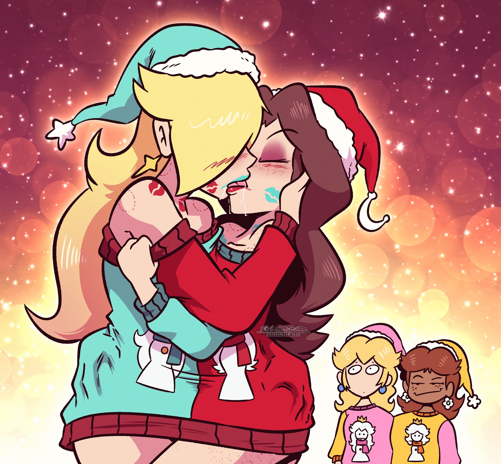 pauline (mario), princess daisy, princess peach, mario (series), nintendo, 4girls, bite mark, blonde hair, blush, brown hair, christmas, closed eyes, ear piercing, earrings, freckles, grabbing another's ass, groping, hat, jewelry, kiss, lipstick, lipstick mark, makeup, multiple girls, piercing, princessrosalina, santa hat, smile, surprised, yuri