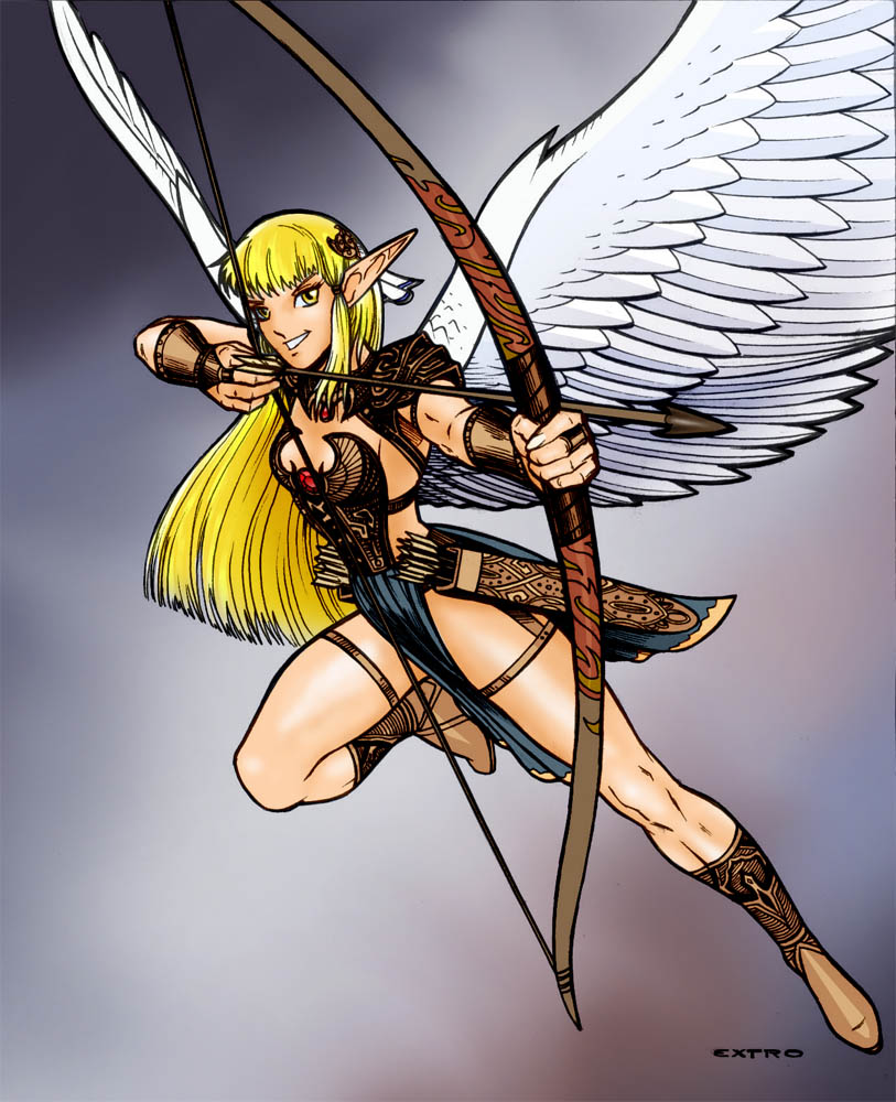 extro, arrow, angel wings, blonde hair, bow (weapon), pointy ears, weapon, wings, yellow eyes