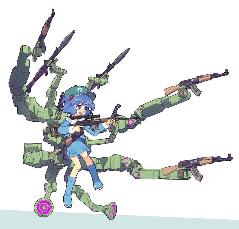torosalmon, kawashiro nitori, touhou, machine pistol, bad id, bad pixiv id, 1girl, ak-47, assault rifle, blue boots, blue eyes, blue hair, boots, dragunov svd, extra arms, fang, female focus, gun, hair bobbles, hair ornament, hat, high-explosive anti-tank (warhead), kalashnikov, kalashnikov rifle, man-portable anti-tank systems, matching hair/eyes, mecha, multi limb, muzzle device, open mouth, rifle, robot, rocket-propelled grenade, rocket (projectile), rocket launcher, rpg, rpg-7, rpg (weapon), scope, scorpion, short hair, skorpion vz. 61, sniper rifle, solo, submachine gun, thumbhole stock, twintails, two side up, weapon
