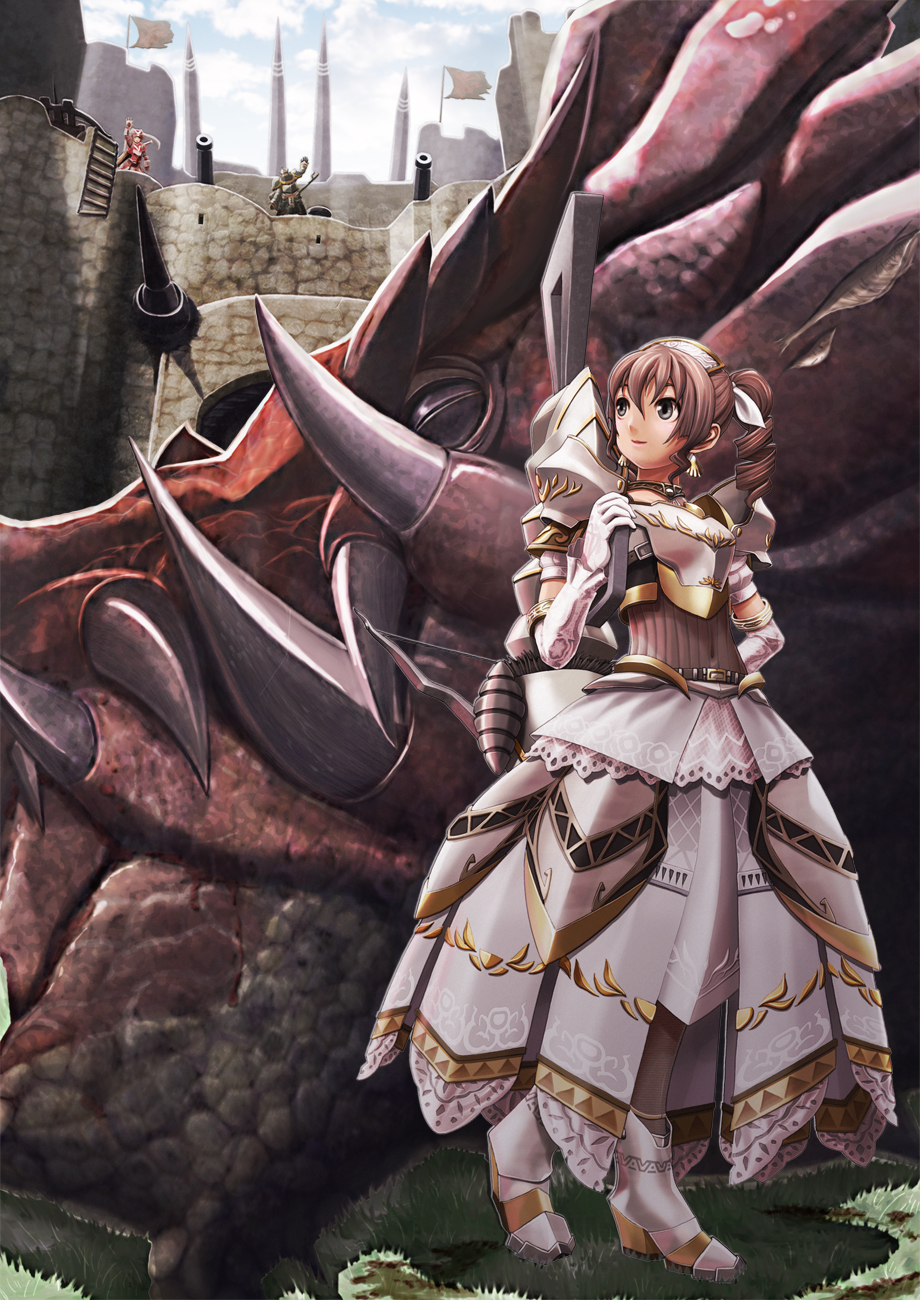 v-mag, lao-shan lung, capcom, monster hunter (series), highres, 1girl, armor, brown hair, castle, dragon, dress, drill hair, earrings, elbow gloves, female focus, gloves, jewelry, solo, twintails