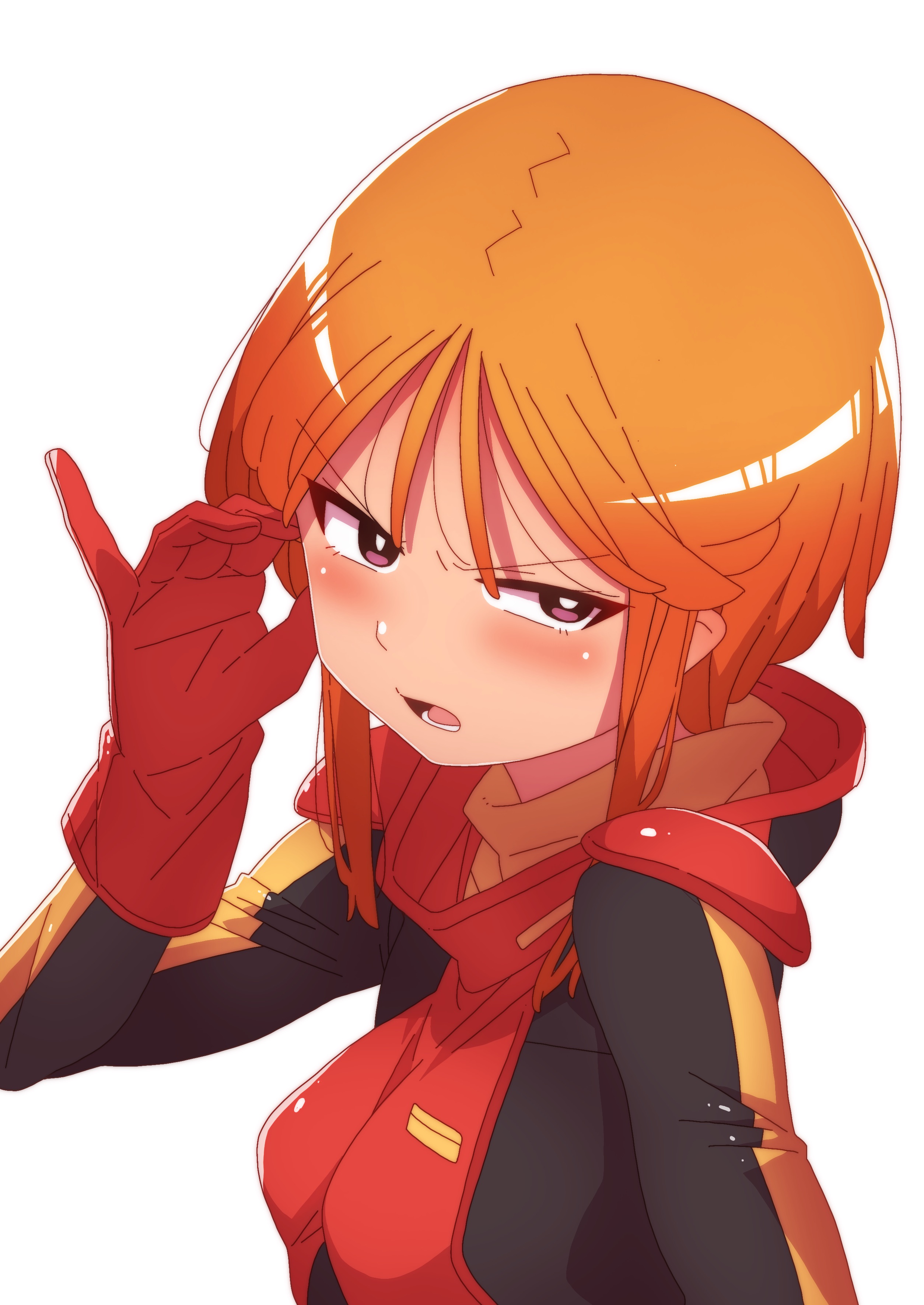 onimaru (onimal7802), puru two, gundam, gundam zz, absurdres, highres, 1girl, breasts, gloves, hand up, light blush, mecha pilot suit, military uniform, neo zeon, normal suit (gundam), orange hair, red gloves, science fiction, short hair, small breasts, solo, standing, turning head, upper body, white background