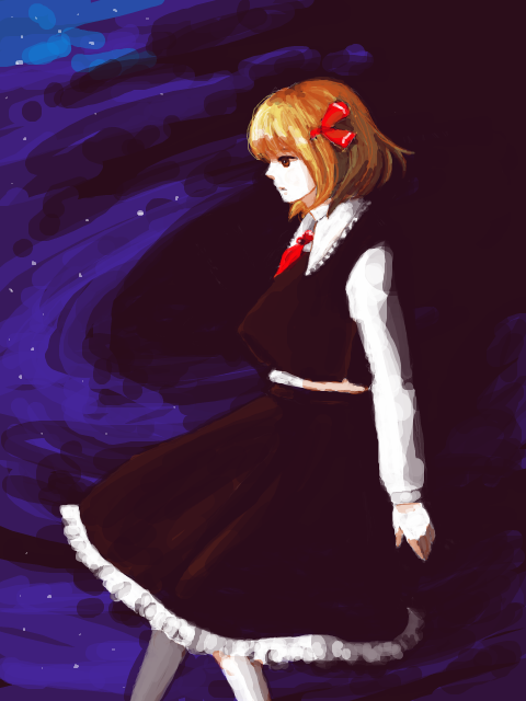 kimochi, rumia, embodiment of scarlet devil, touhou, bad id, bad pixiv id, 1girl, blonde hair, darkness, female focus, hair ribbon, necktie, red eyes, ribbon, short hair, solo