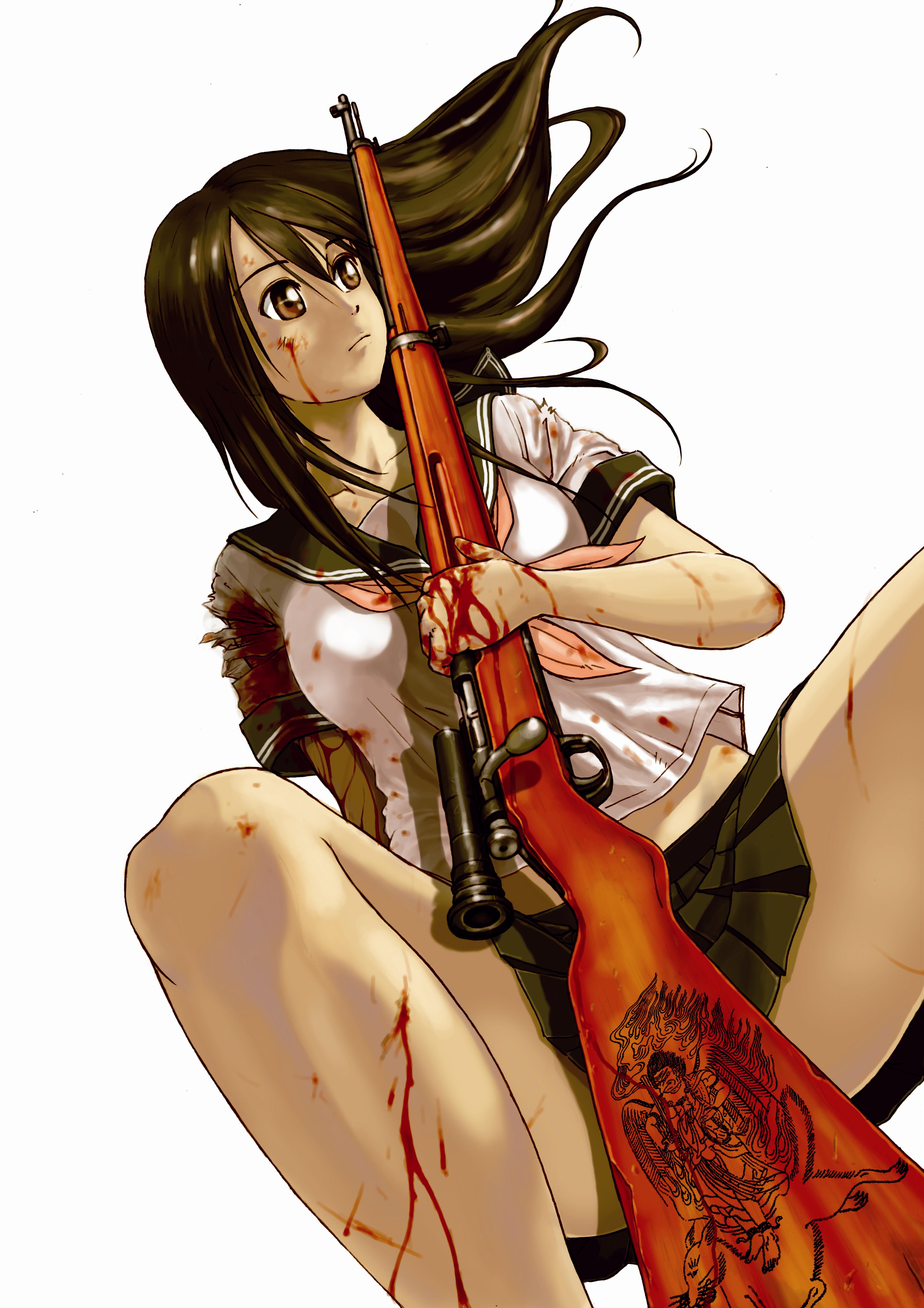 humi (jun-shu), humi (pixiv1243816), original, absurdres, highres, 1girl, arisaka, blood, bolt action, brown eyes, brown hair, collarbone, female focus, from below, gun, long hair, midriff, rifle, school uniform, serafuku, simple background, skirt, solo, torn clothes, upskirt, weapon, white background, wind
