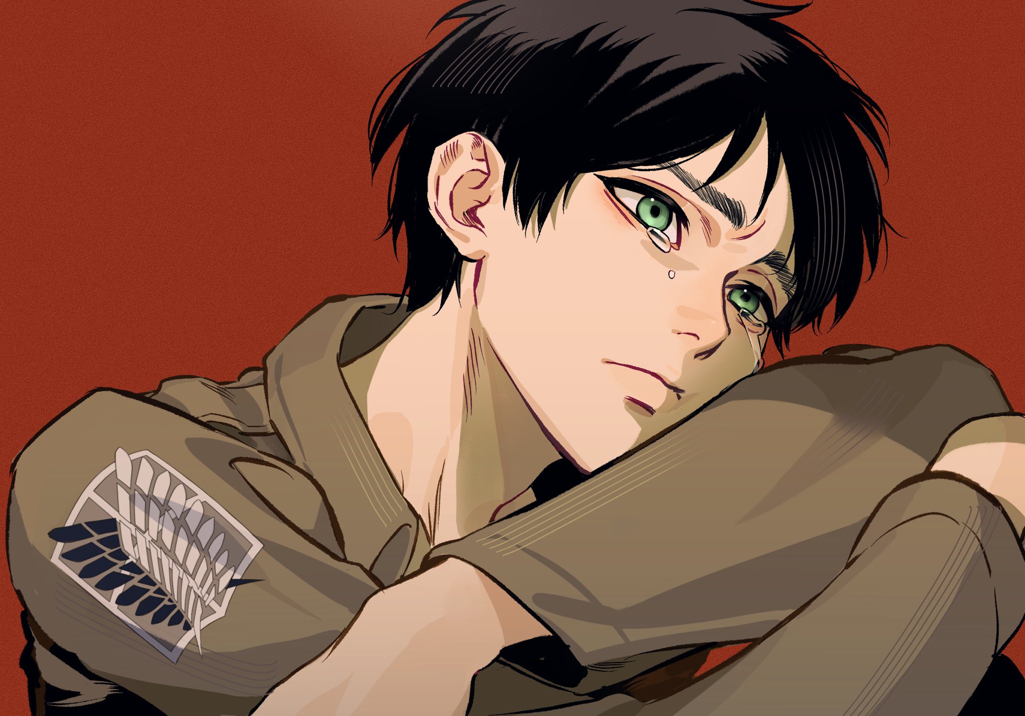 sumooo (ga ilil), eren yeager, shingeki no kyojin, commentary, highres, 1boy, black hair, brown shirt, closed mouth, collared shirt, crying, green eyes, long sleeves, male focus, paradis military uniform, red background, sad, shirt, short hair, simple background