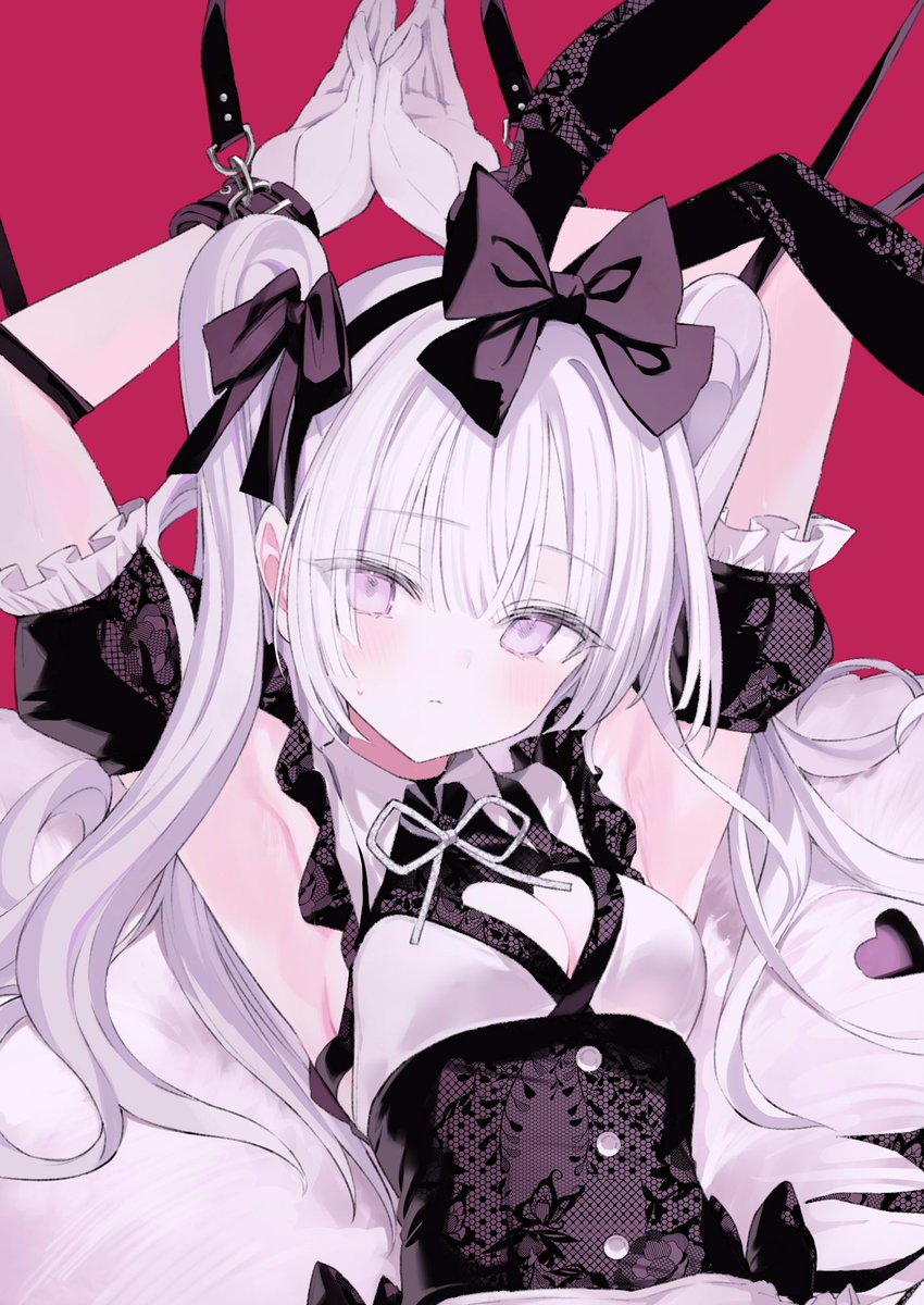 nanananana, original, highres, 1girl, animal ears, armpits, arms up, bare shoulders, bow, breasts, cleavage, cleavage cutout, clothing cutout, collared shirt, cuffs, detached sleeves, fake animal ears, hair bow, hairband, handcuffs, heart cutout, long hair, looking at viewer, purple eyes, rabbit ears, shirt, short sleeves, sleeveless, sleeveless shirt, small breasts, solo, two side up, underbust, white hair