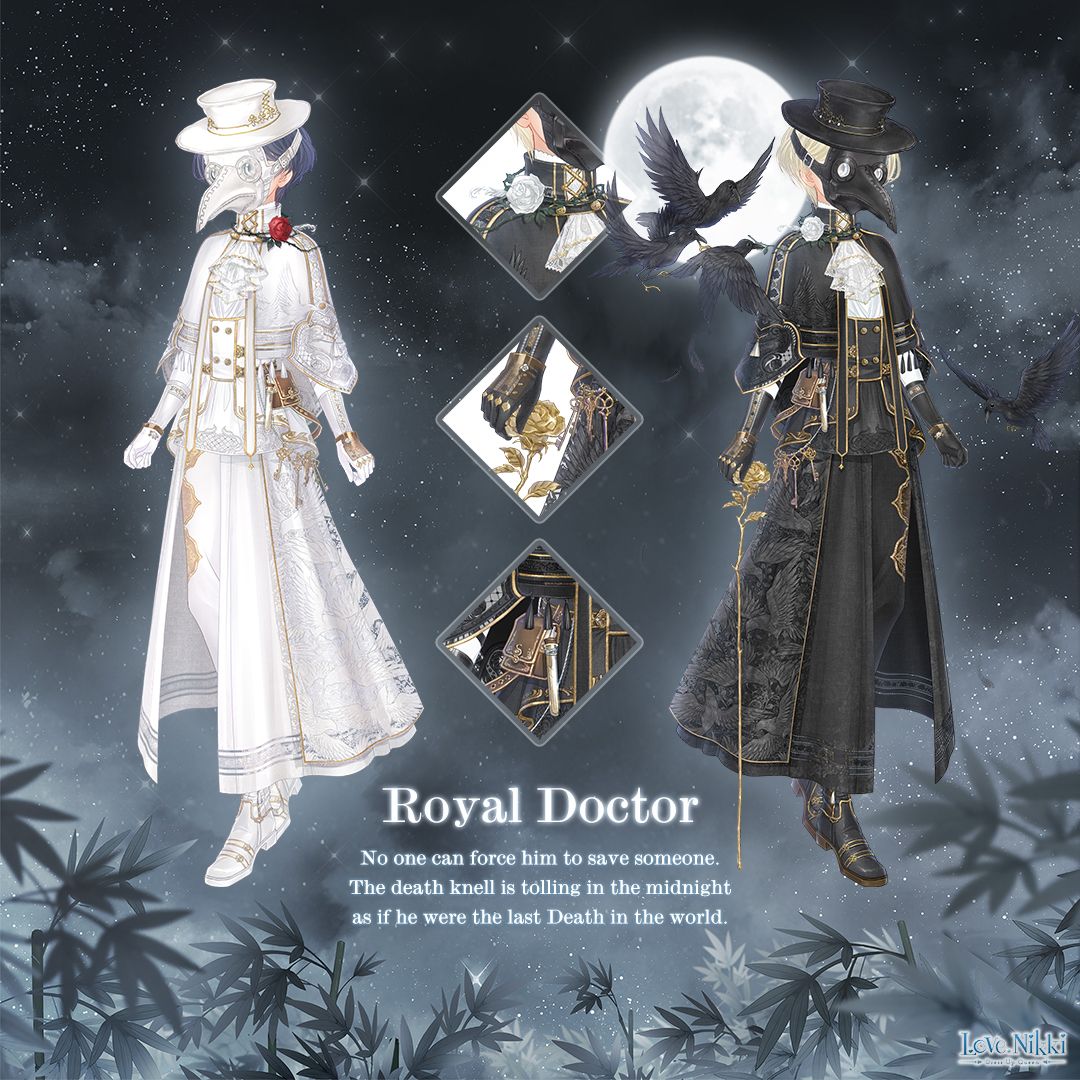 royal doctor (miracle nikki), miracle nikki, nikki (series), artist request, official art, third-party source, 1boy, animal, ascot, bamboo, bird, black coat, black gloves, black hat, black mask, black pants, black shoes, black sky, black vest, blonde hair, blue hair, cane, character name, close-up, coat, collared coat, copyright logo, covered face, crow, diamond print, dress pants, dress shoes, english text, flower, frilled shirt, frills, full body, full moon, gloves, gold buttons, hat, high collar, holding, holding cane, layered sleeves, logo, long sleeves, male focus, moon, neck flower, night, official alternate costume, open clothes, open coat, outdoors, pants, plague doctor, plague doctor mask, print pants, red flower, red rose, rose, shirt, shoes, short hair, short over long sleeves, short sleeves, sky, star (sky), starry sky, top hat, variations, vest, victorian, white ascot, white coat, white flower, white gloves, white hat, white mask, white pants, white rose, white shirt, white shoes, white vest, yellow flower, yellow rose