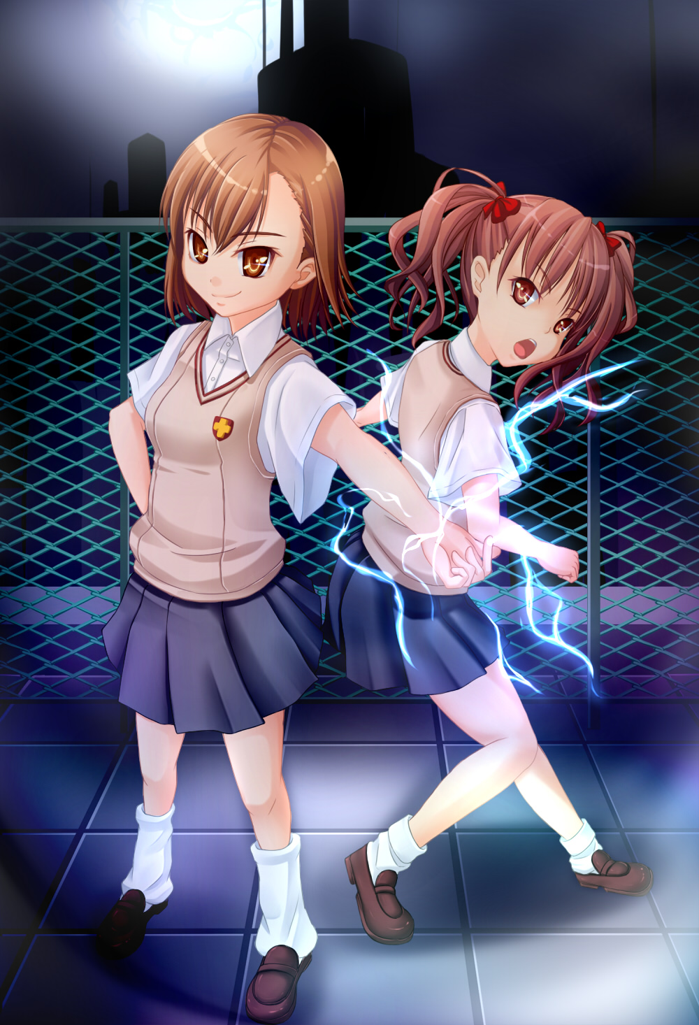 chibimame, misaka mikoto, shirai kuroko, toaru kagaku no railgun, toaru majutsu no index, highres, 00s, 2girls, bow, brown eyes, brown hair, electricity, electrokinesis, hair bow, kneehighs, lightning, multiple girls, school uniform, socks, twintails