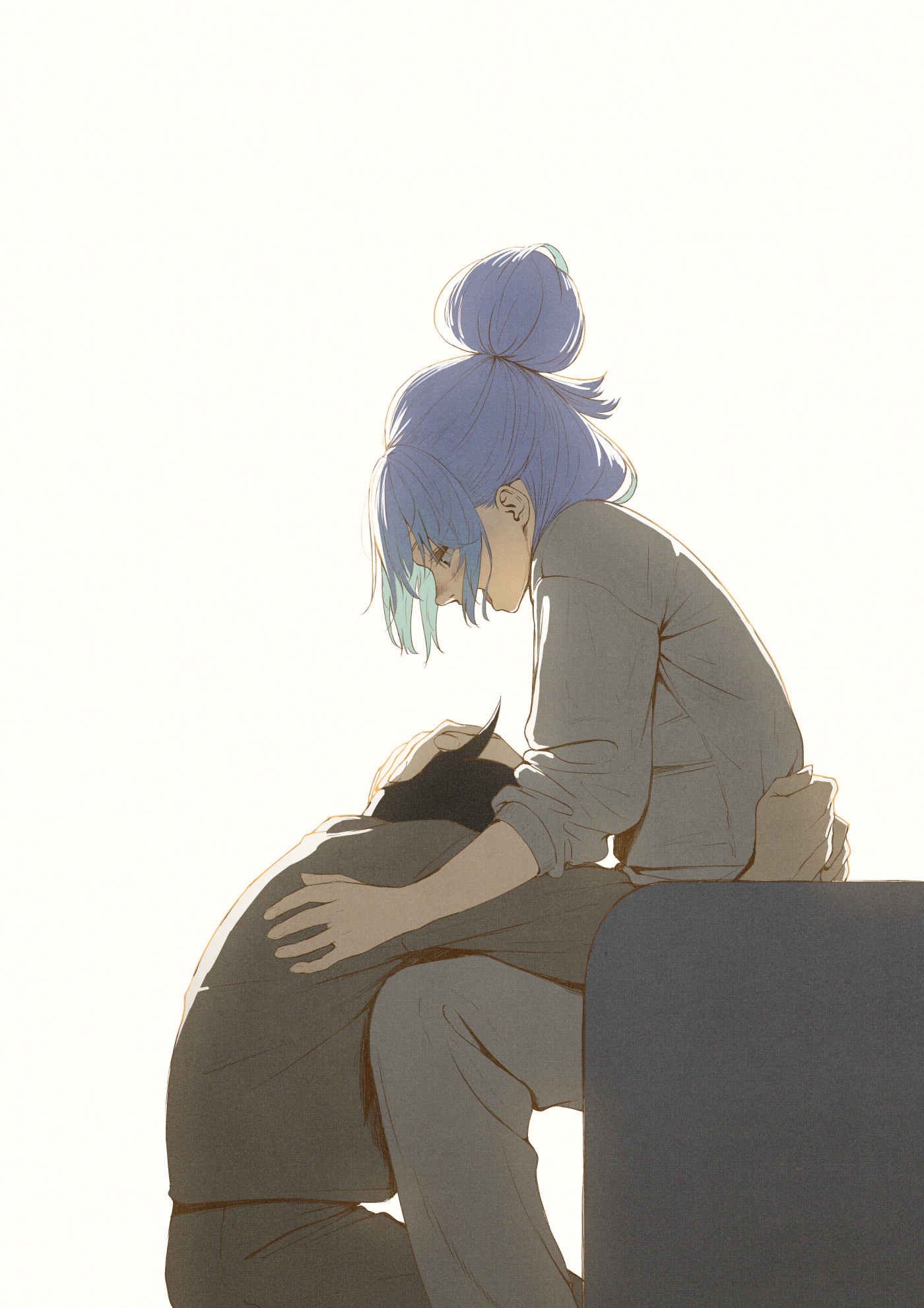 izawa (bhive003), aqua (konosuba), satou kazuma, kono subarashii sekai ni shukufuku wo!, highres, 1boy, 1girl, blush, brown hair, contemporary, couch, feet out of frame, from side, grey pants, grey sweater, hair bun, headpat, hug, kneeling, long hair, looking at another, pants, profile, short hair, simple background, single hair bun, sitting, sweater, white background