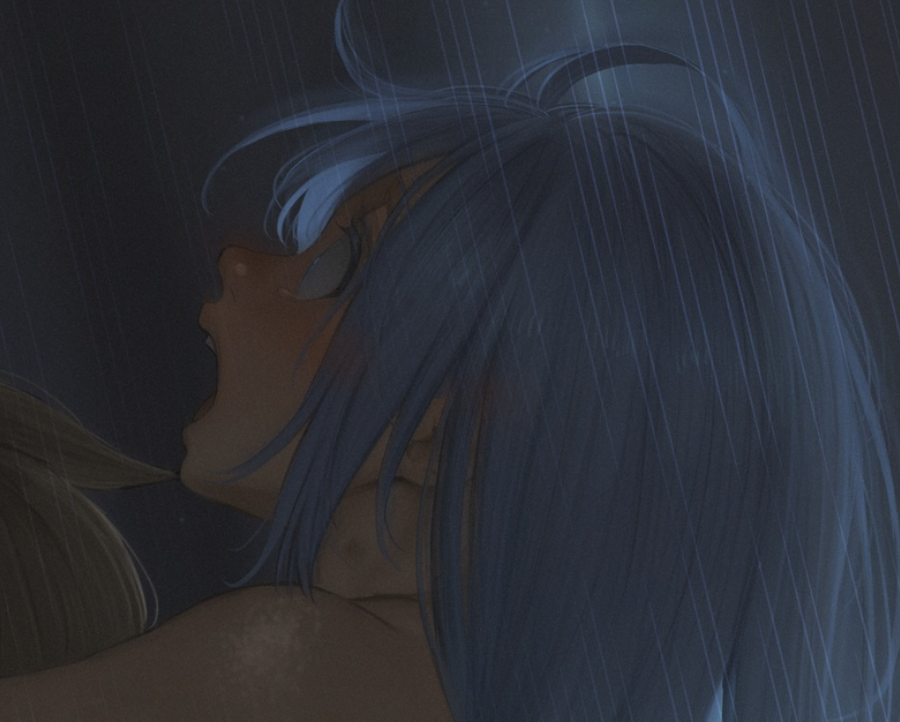 izawa (bhive003), aqua (konosuba), satou kazuma, kono subarashii sekai ni shukufuku wo!, cropped, paid reward available, 1boy, 1girl, :o, blue hair, blush, brown hair, from side, hetero, implied sex, long hair, nude, open mouth, profile, short hair