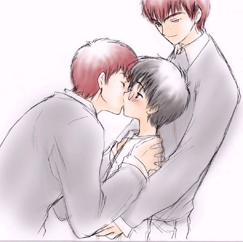 fred weasley, george weasley, harry potter, grabbing, two on one, blush, brothers, closed eyes, glasses, kiss, red hair, school uniform, siblings, smile, twins