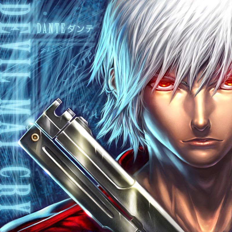 chrisnfy85, dante (devil may cry), capcom, devil may cry (series), perfect dark zero, silver hair, 1boy, blue background, character name, copyright name, gun, male focus, parody, red eyes, solo, weapon