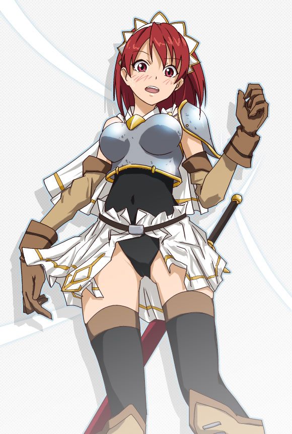 sakebuotoko, cecily cambell, seiken no blacksmith, bad id, bad pixiv id, 00s, 1girl, armor, blush, breasts, elbow gloves, female focus, gloves, open mouth, red eyes, red hair, short hair, solo, sword, thighhighs, weapon