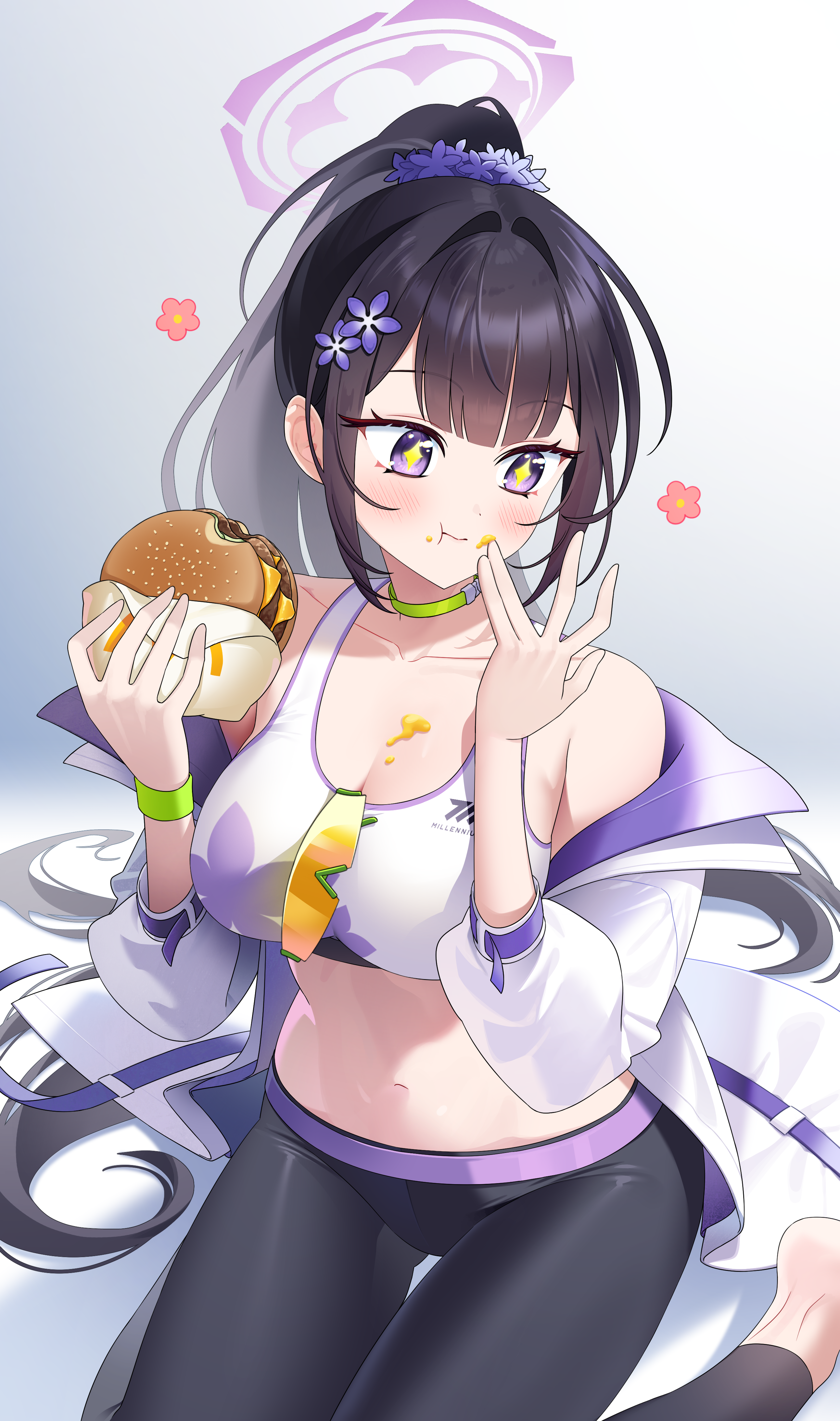 sumire (blue archive), blue archive, absurdres, commentary request, commission, highres, + +, 1girl, bare shoulders, barefoot, black hair, black pants, blunt bangs, blush, breasts, burger, choker, cleavage, closed mouth, coat, collarbone, eating, eyewear hang, fast food, flower, food, food on body, food on breasts, food on face, green choker, hair flower, hair ornament, hair scrunchie, halo, holding, holding burger, holding food, large breasts, long hair, long sleeves, midriff, navel, off shoulder, open clothes, open coat, pants, ponytail, purple eyes, purple halo, purple scrunchie, scrunchie, shadow, sidelocks, sitting, solo, sparkling eyes, sports bra, sports sunglasses, sunglasses, sweatband, unworn eyewear, very long hair, wariza, white coat, white sports bra, yankweo, yoga pants