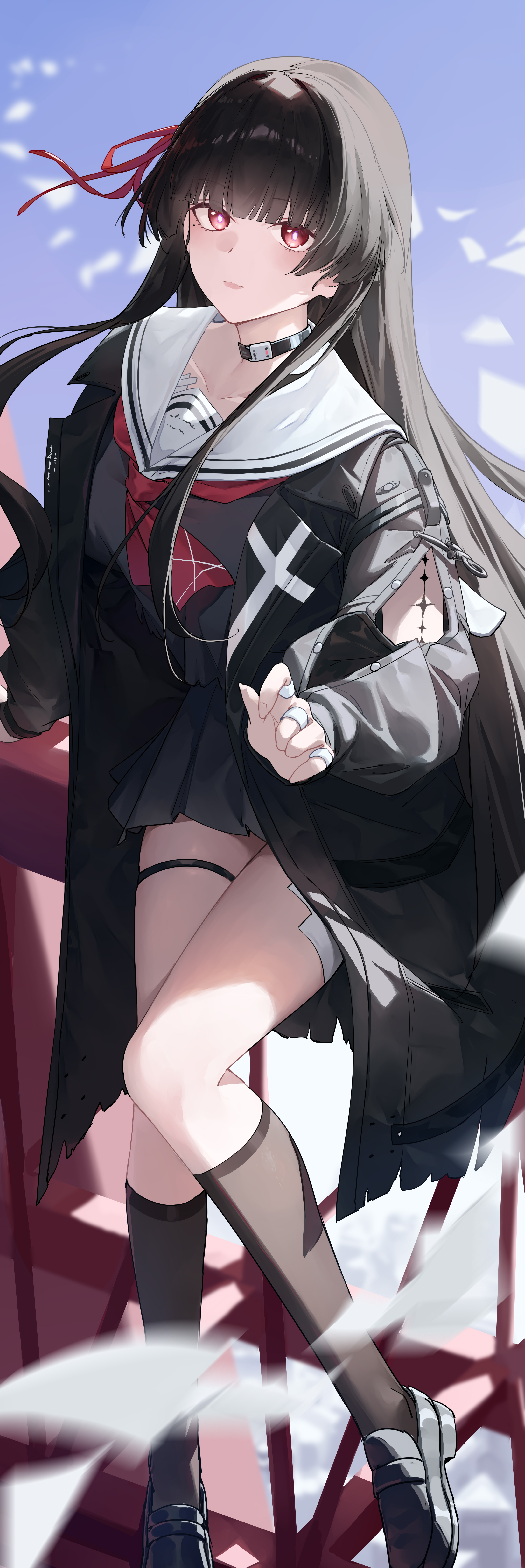 erdongjinming, chisa (wuthering waves), wuthering waves, absurdres, commentary, highres, 1girl, arm cutout, black choker, black hair, black jacket, black serafuku, black shirt, black shoes, black skirt, black socks, choker, closed mouth, clothing cutout, collarbone, hair ribbon, jacket, loafers, long hair, long sleeves, mole, mole under eye, neckerchief, red eyes, red neckerchief, red ribbon, ribbon, sailor collar, school uniform, serafuku, shirt, shoes, skirt, socks, solo, tacet mark (wuthering waves), thigh strap, thighs, white sailor collar