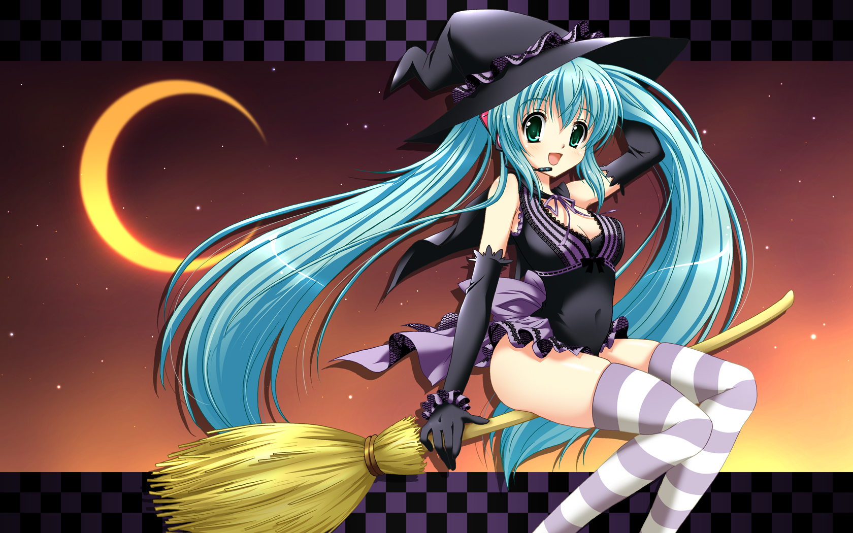 suzui narumi, hatsune miku, vocaloid, highres, 1girl, aqua hair, broom, broom riding, cape, female focus, gloves, green eyes, hat, headset, legs, long hair, open mouth, outdoors, sidesaddle, sky, solo, thighhighs, twintails, very long hair, witch, witch hat