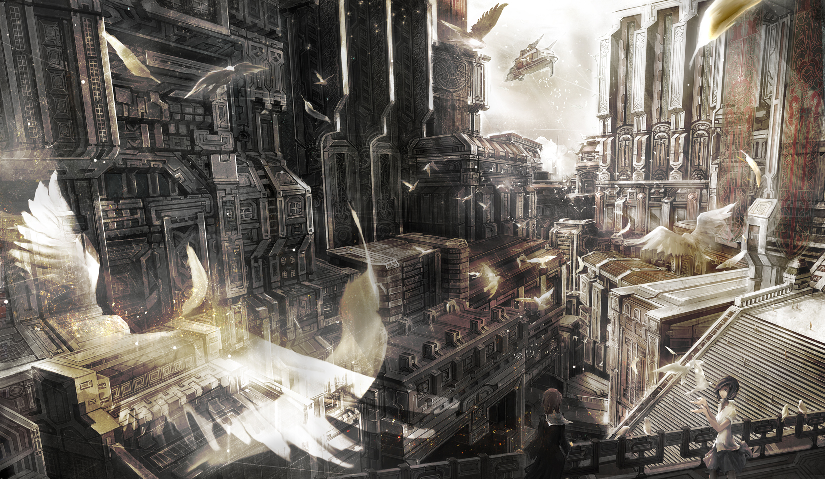 taron (tatataron), original, highres, 2girls, absurdly detailed composition, bird, city, cityscape, complex exterior, dove, feathers, grand scale, multiple girls, scenery, science fiction, sunlight