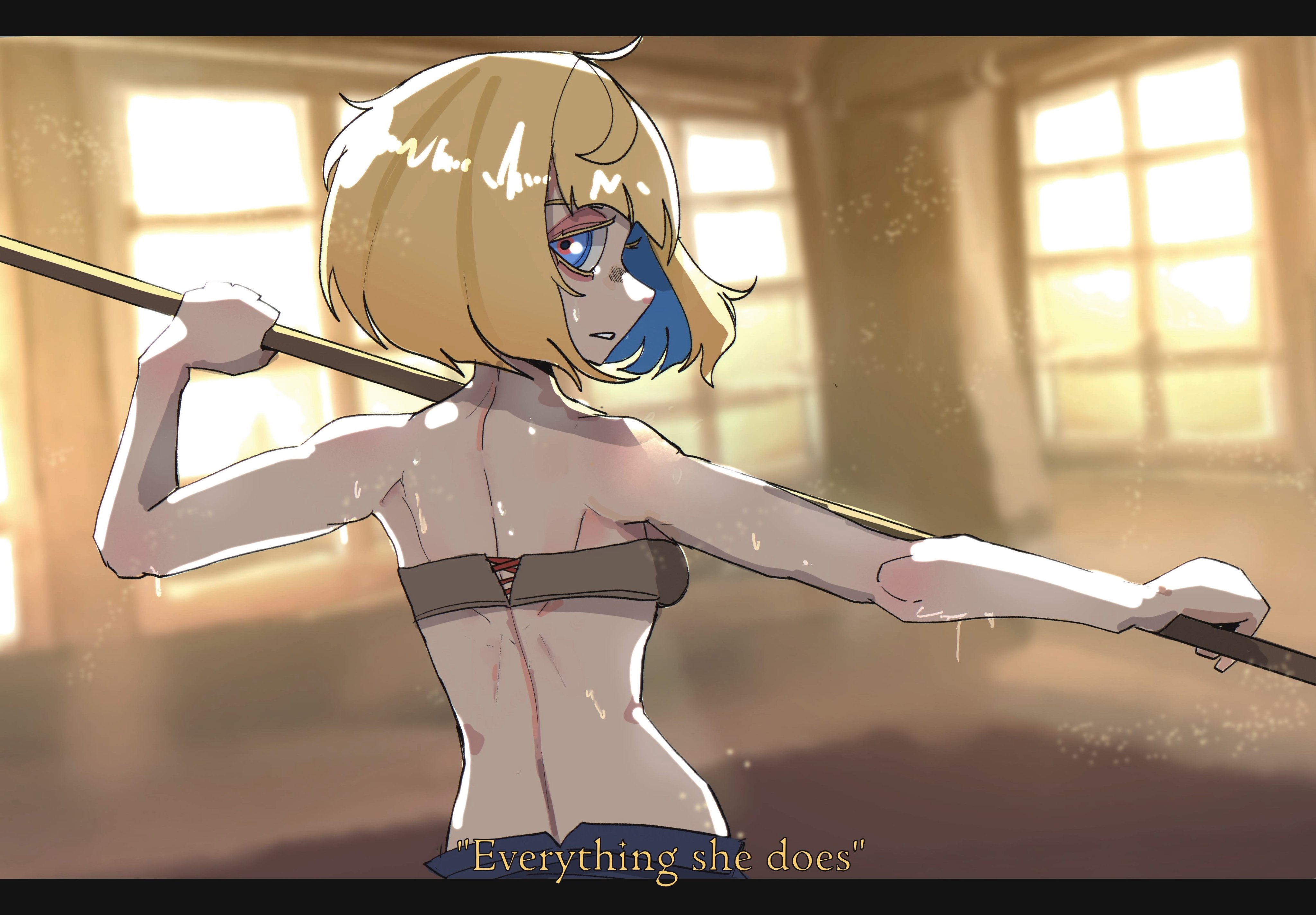 basedbinkie, flayne (basedbinkie), original, absurdres, highres, 1girl, ahoge, armpits, blonde hair, blue eyes, blunt bangs, cowboy shot, english text, from behind, letterboxed, looking at viewer, medium hair, polearm, shoulder blades, solo, spear, sweat, underwear, weapon, window