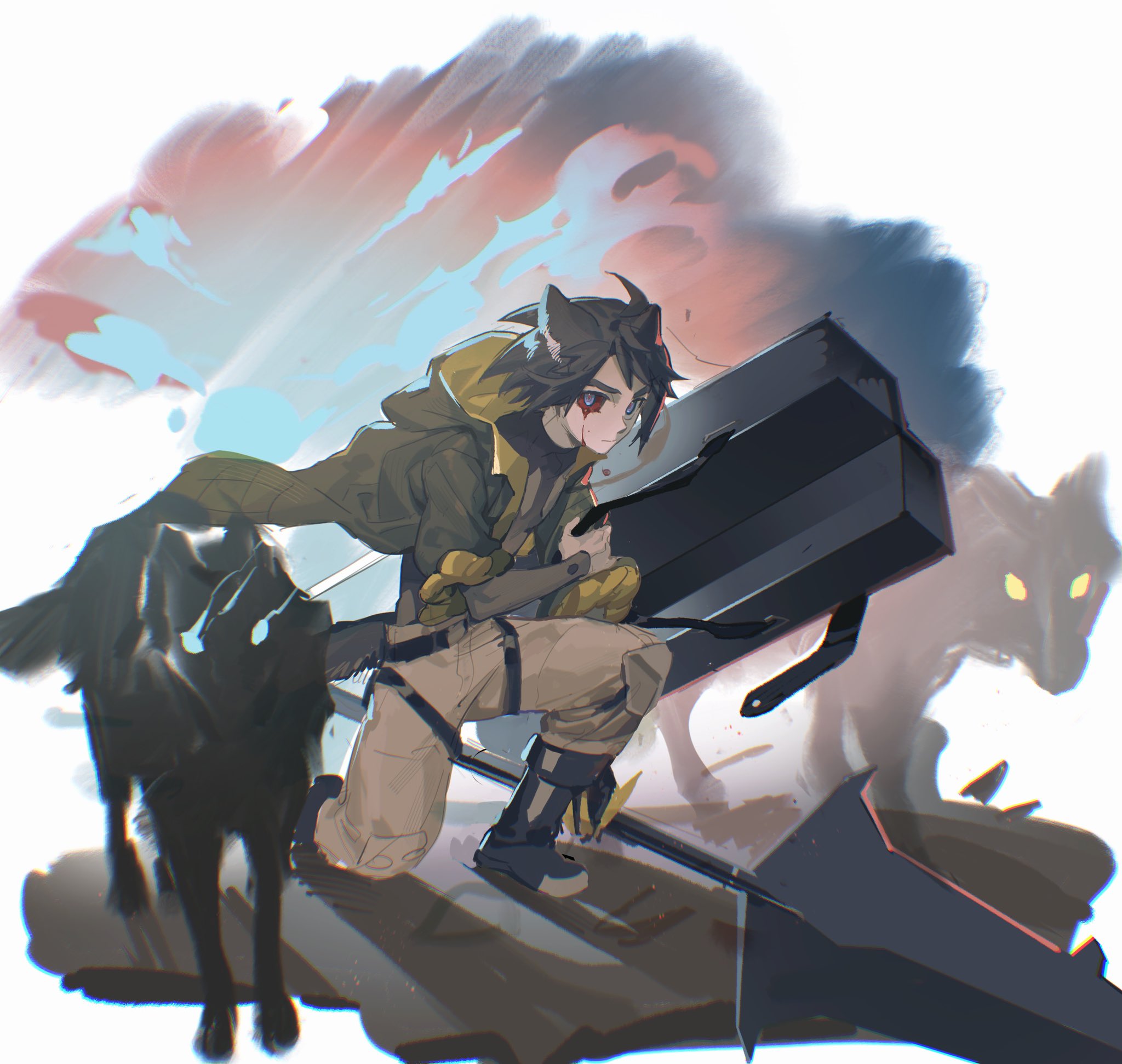 sumooo (ga ilil), mikazuki augus, gundam, gundam tekketsu no orphans, highres, 1boy, ahoge, animal ears, black boots, black hair, blood, bloody tears, blue eyes, boots, brown pants, closed mouth, eye trail, full body, green jacket, jacket, light trail, long sleeves, looking at viewer, male focus, on one knee, pants, short hair, solo, wolf, wolf ears