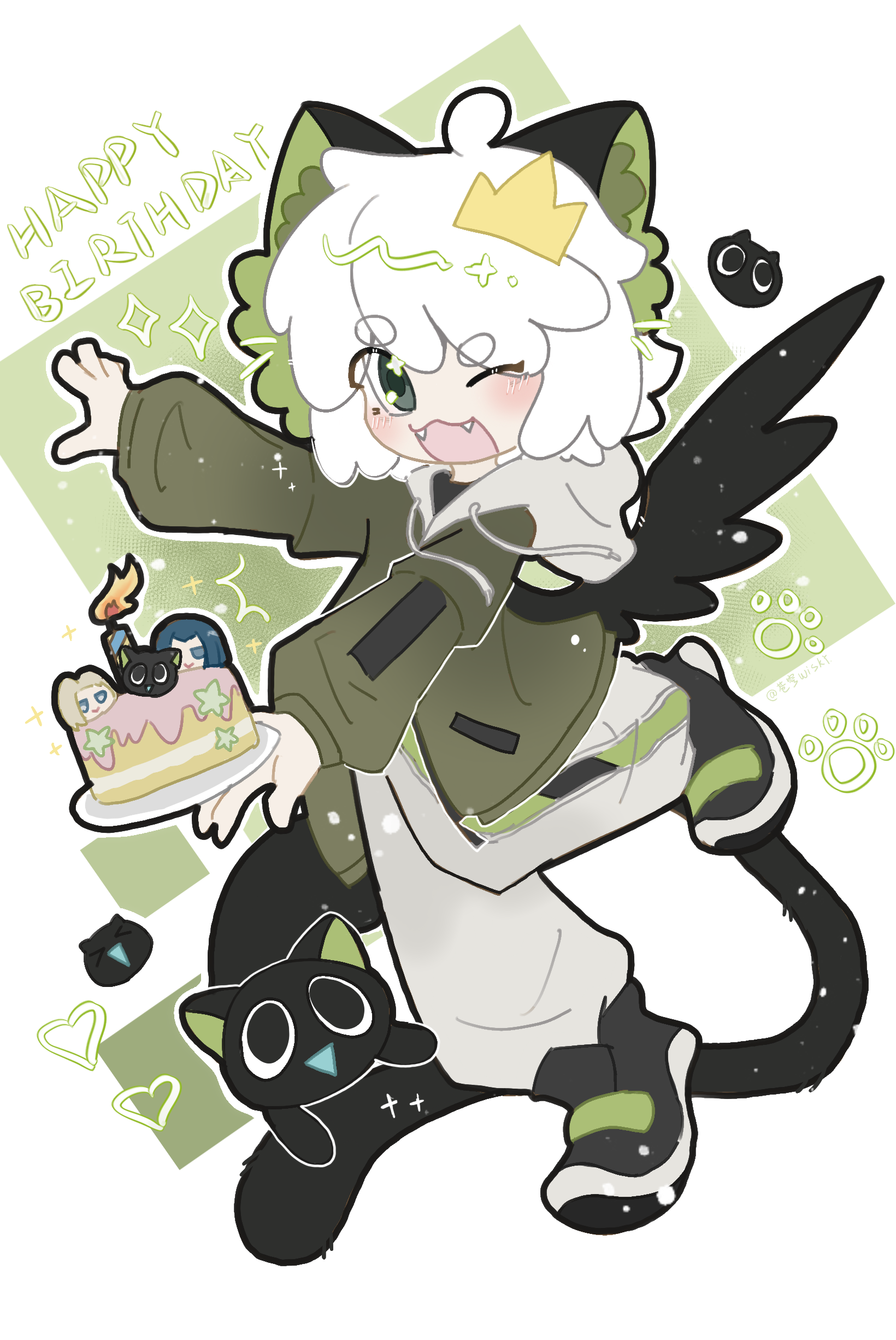 heixiu, luo xiaohei, luo xiaohei (cat), luo xiaohei (human), luo xiaohei zhanji, absurdres, character request, chinese commentary, commentary request, highres, 1boy, animal ears, birthday cake, black shoes, cake, candle, cat boy, cat ears, cat tail, fangs, food, green eyes, green jacket, happy birthday, hood, hood down, hooded jacket, jacket, long sleeves, looking at viewer, one eye closed, open mouth, pants, puffy long sleeves, puffy sleeves, shoes, tail, thick eyebrows, white hair, white pants, wiskyzhihuicangqiong