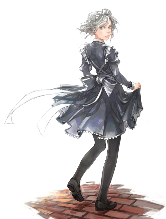touge (kubiwa tsuki), izayoi sakuya, touhou, silver hair, bad id, bad pixiv id, 1girl, blue eyes, bow, braid, brick, dress, female focus, from behind, full body, green eyes, hairband, legs, lips, looking back, maid, pantyhose, short hair, solo, twin braids, white background