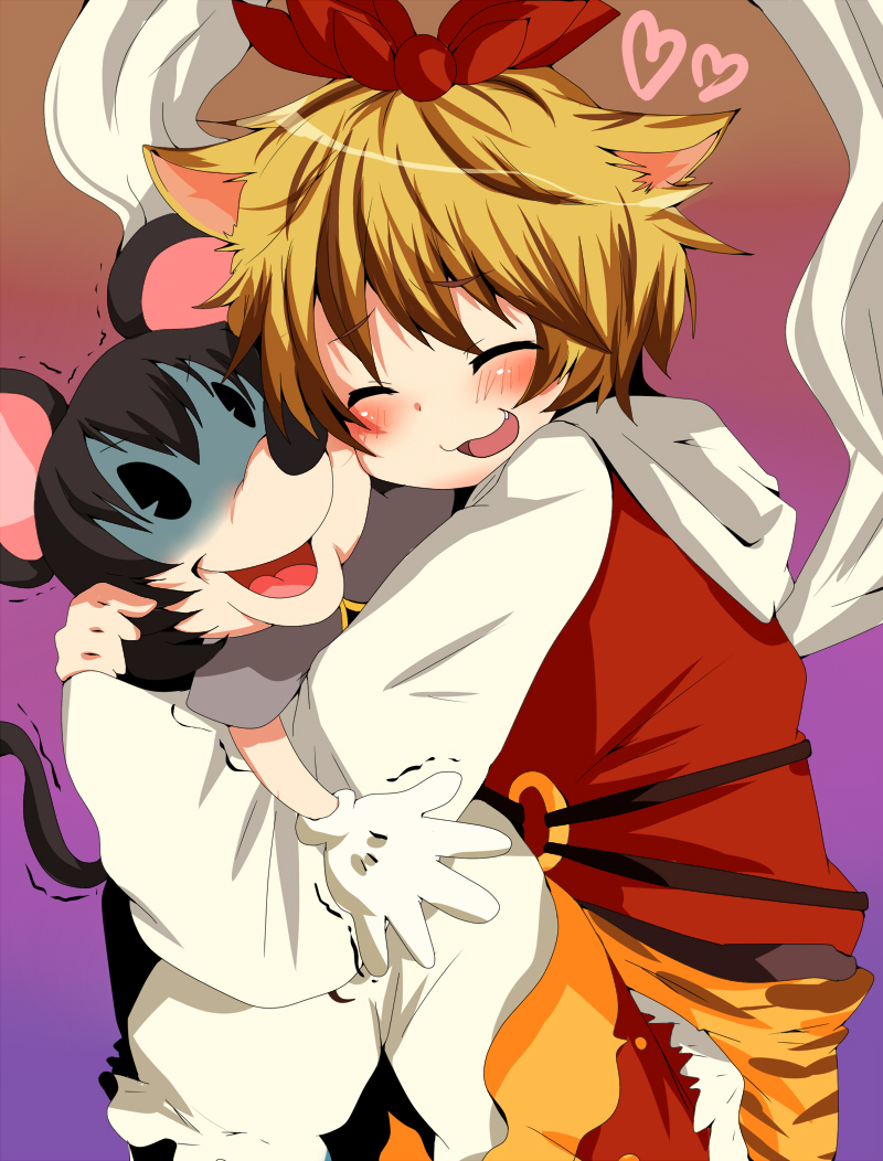 pun2, mickey mouse, nazrin, toramaru shou, disney, mickey mouse & friends, touhou, bad id, bad pixiv id, 1girl, animal ears, blonde hair, cosplay, female focus, grey hair, hair ornament, hug, mouse ears, mouse tail, nazrin (cosplay), shawl, short hair, tail, trembling