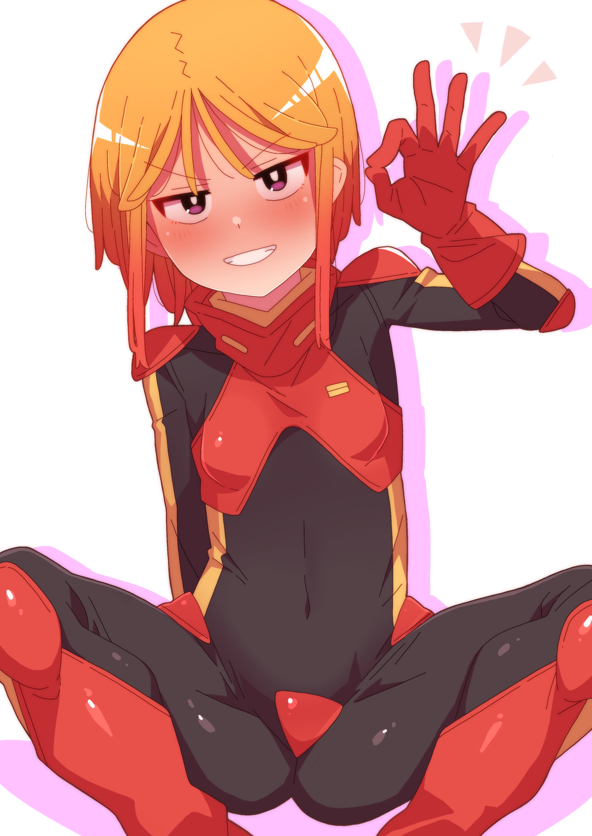 onimaru (onimal7802), puru two, gundam, gundam zz, absurdres, highres, 1girl, boots, breasts, butterfly sitting, covered navel, gloves, hand up, light blush, looking at viewer, mecha pilot suit, military uniform, neo zeon, normal suit (gundam), ok sign, on floor, orange hair, red boots, red gloves, science fiction, short hair, sitting, small breasts, solo