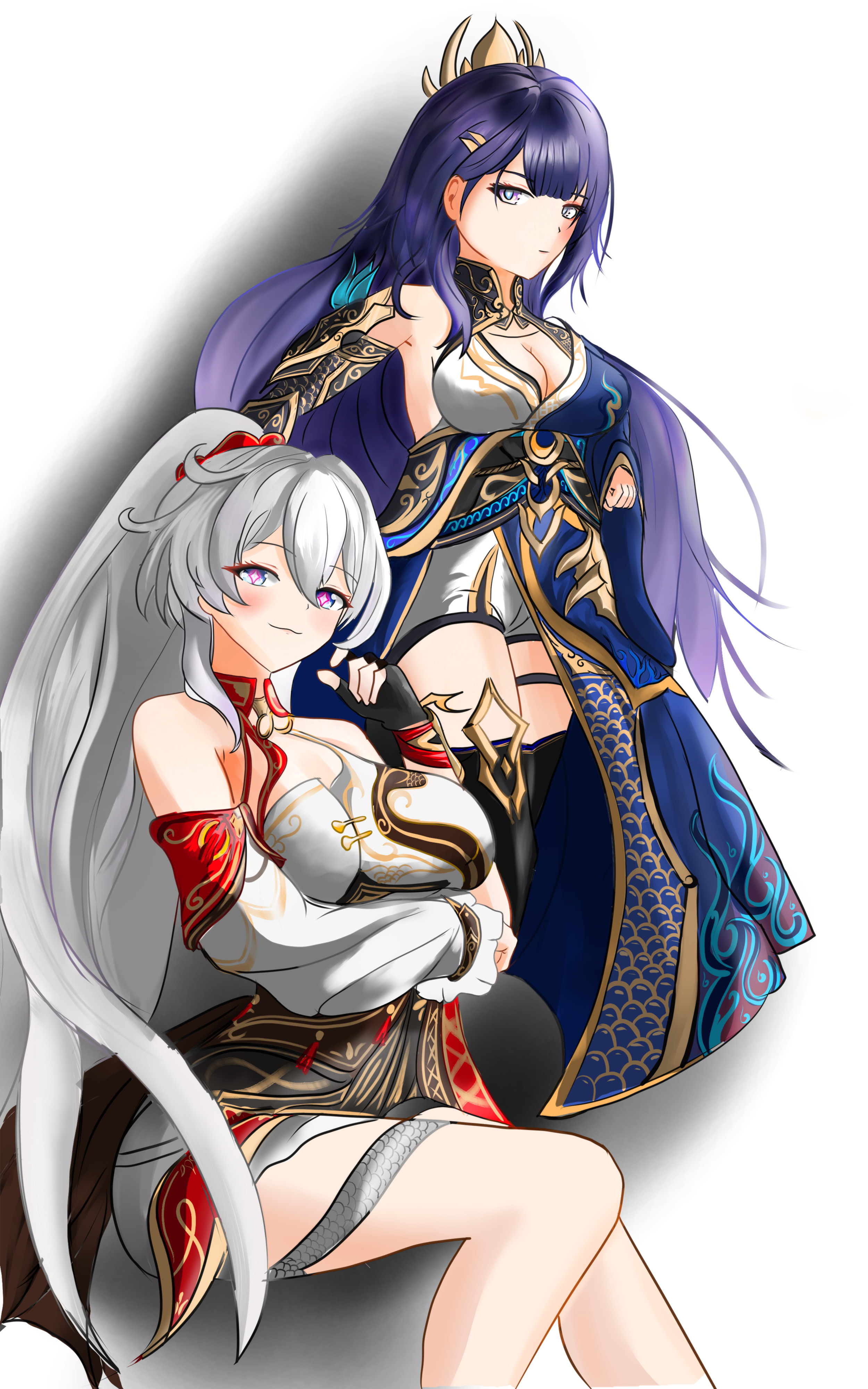 kiana kaslana, kiana kaslana (ba-dum! fiery wishing star), raiden mei, honkai (series), honkai impact 3rd, absurdres, commentary, english commentary, highres, 2girls, ahoge, azura (user rnfe8374), breasts, chinese clothes, cleavage, detached sleeves, diamond-shaped pupils, diamond (shape), fingerless gloves, gloves, hair ornament, japanese clothes, large breasts, long hair, looking at viewer, multiple girls, purple hair, single detached sleeve, sitting, symbol-shaped pupils, thigh strap, thighhighs, thighs, very long hair, white background, white hair