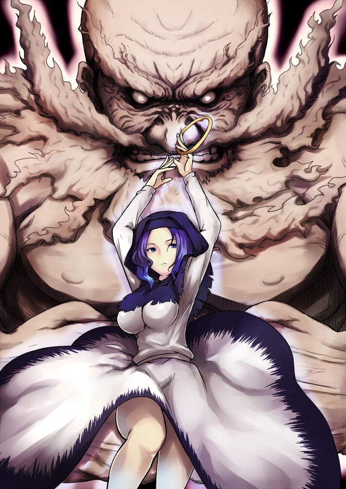 hiroya juuren, kumoi ichirin, unzan, touhou, light purple hair, 1boy, 1girl, arms up, blue eyes, bracelet, breasts, cloud, hood, jewelry, large breasts, purple hair, ring, short hair