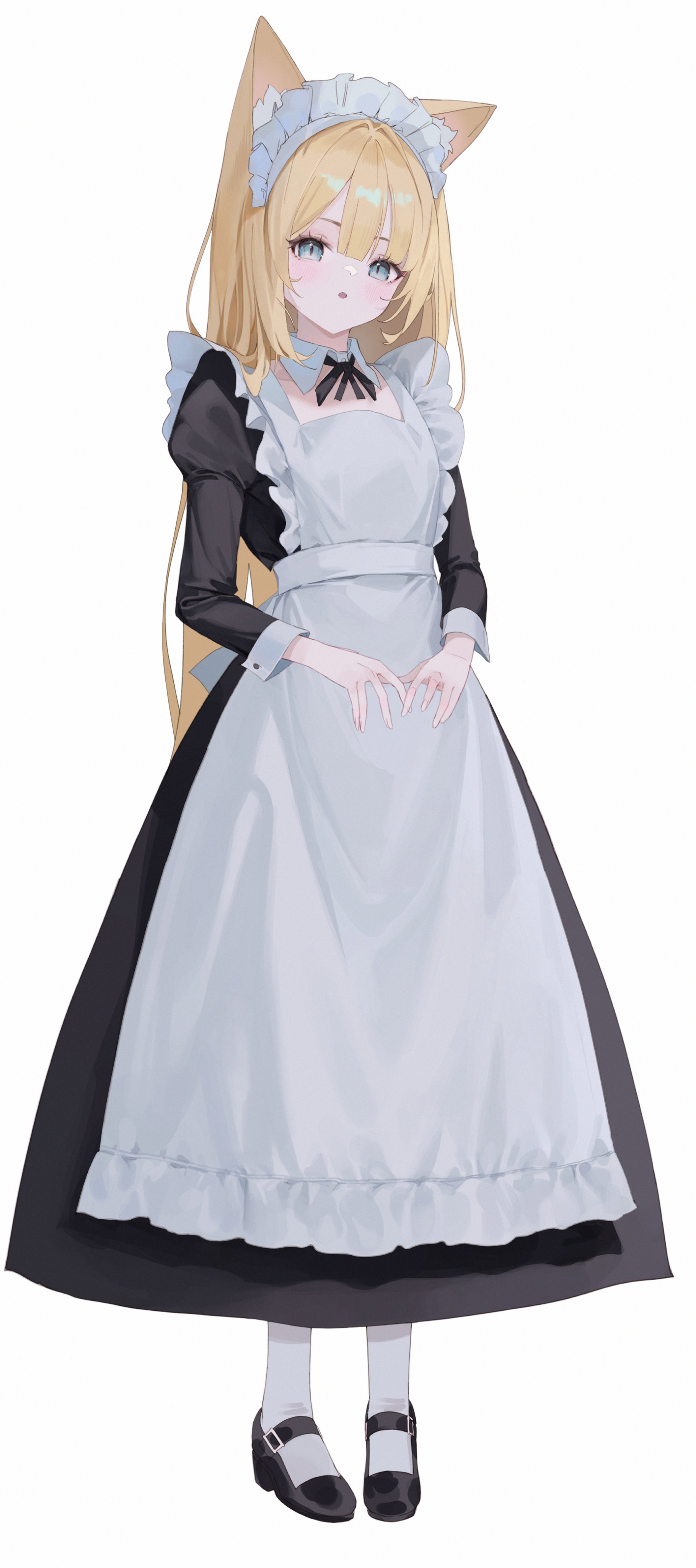 bbul horn, original, absurdres, hashtag-only commentary, highres, 1girl, :o, animal ear fluff, animal ears, apron, black dress, black ribbon, black shoes, blonde hair, detached collar, dress, frilled apron, frilled hairband, frills, full body, grey eyes, hair between eyes, hairband, loafers, long dress, long hair, long sleeves, looking at viewer, maid, maid apron, maid headdress, open mouth, pantyhose, puffy sleeves, ribbon, shoes, simple background, solo, standing, tachi-e, white apron, white background, white hairband, white pantyhose