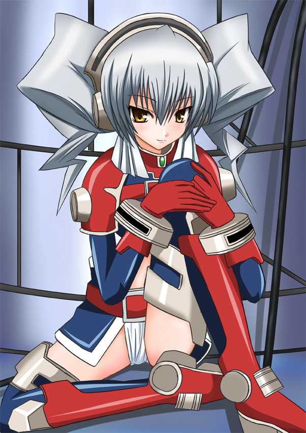 disc (needless), needless, non-web source, 1girl, disc, female focus, panties, solo, twintails, underwear, white hair