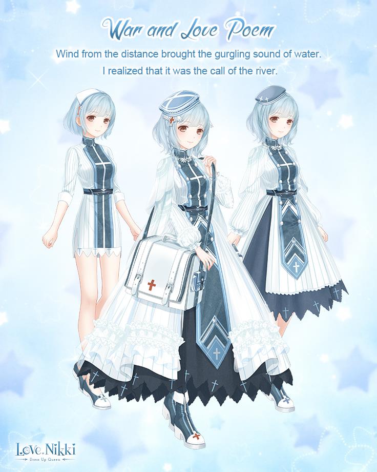 miracle nikki, nikki (series), artist request, official art, third-party source, 1girl, bag, beret, black skirt, blue background, blue boots, blue hair, blue hat, blue skirt, blue tabard, blunt bangs, boots, brown eyes, character name, closed mouth, collared tabard, copyright logo, criss-cross halter, cross, cross print, dot nose, dress, english text, eyelashes, frilled dress, frills, full body, hair ornament, hairclip, halterneck, happy, hat, headscarf, high collar, high heel boots, high heels, holding, holding bag, lace, lace-trimmed dress, lace-trimmed skirt, lace trim, layered sleeves, light blush, light particles, logo, long dress, long skirt, long sleeves, medium dress, print bag, print headwear, print tabard, puffy long sleeves, puffy sleeves, red cross, short dress, short hair, short over long sleeves, short sleeves, shoulder bag, skirt, smile, sparkle, standing, star (symbol), star symbol background, striped clothes, striped dress, striped headwear, tabard, tareme, variations, vertical-striped clothes, vertical-striped dress, war and love (miracle nikki), white bag, white dress, white headscarf