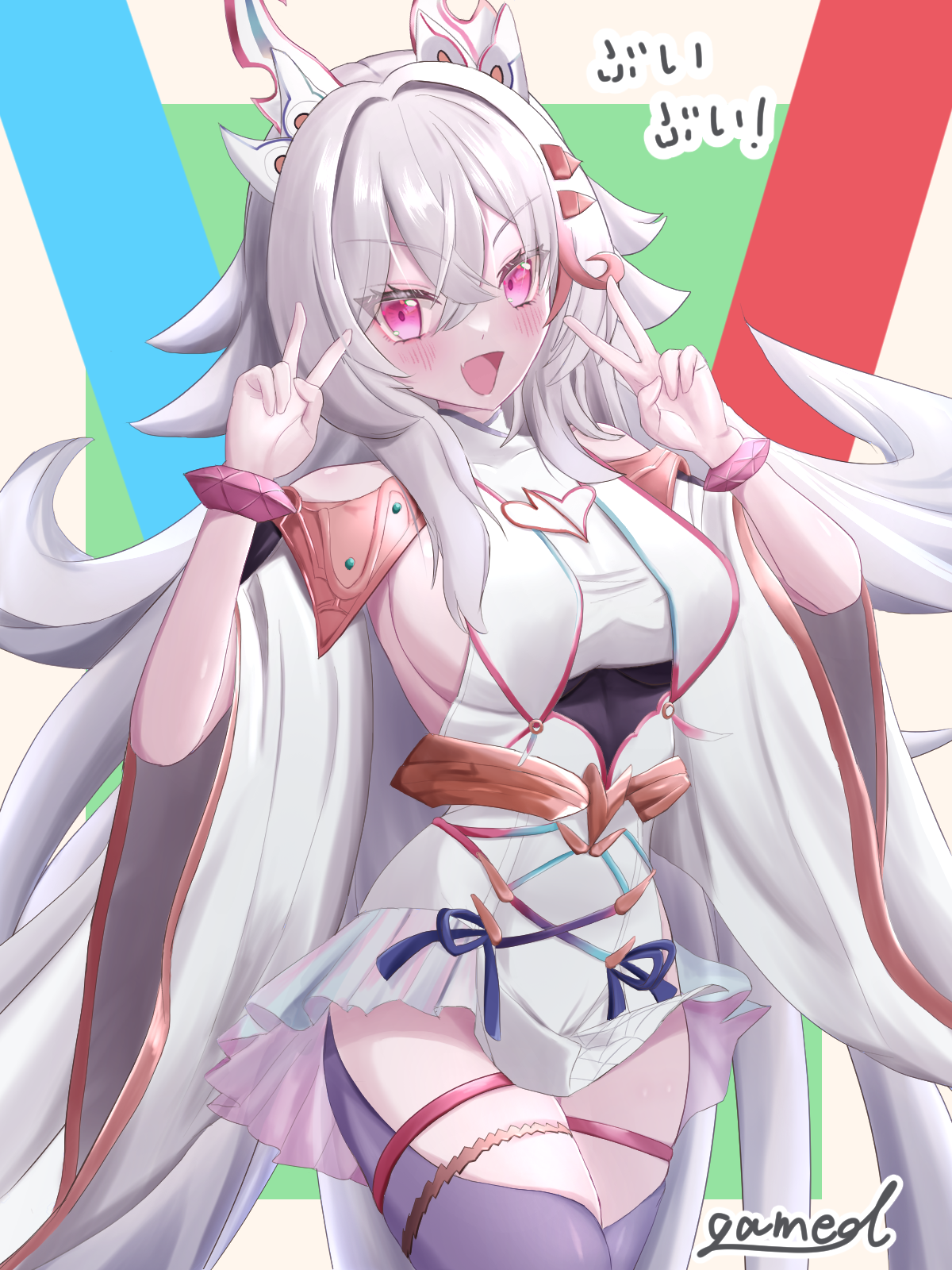 geimudou, baki (duel masters), duel masters, highres, 1girl, bangle, bracelet, breasts, double v, fang, gradient clothes, grey hair, hair between eyes, hair ornament, horns, japanese clothes, jewelry, kimono, large breasts, long hair, multicolored hair, open mouth, pink eyes, pink hair, signature, solo, thigh strap, thighhighs, v, white kimono