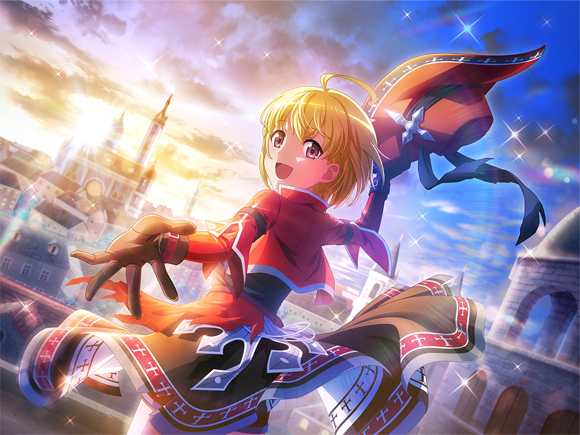 alucard (hellsing), otori michiru, hellsing, shoujo kageki revue starlight, shoujo kageki revue starlight -re live-, game cg, official art, 1girl, ahoge, alucard (hellsing) (cosplay), black gloves, black skirt, blonde hair, building, cosplay, cropped jacket, dutch angle, from behind, gloves, hat, holding, holding unworn clothes, holding unworn hat, jacket, long sleeves, looking at viewer, morning, open mouth, outstretched arm, purple eyes, reaching, reaching towards viewer, red hat, red jacket, short hair, skirt, solo, standing, unworn hat, unworn headwear, upper body