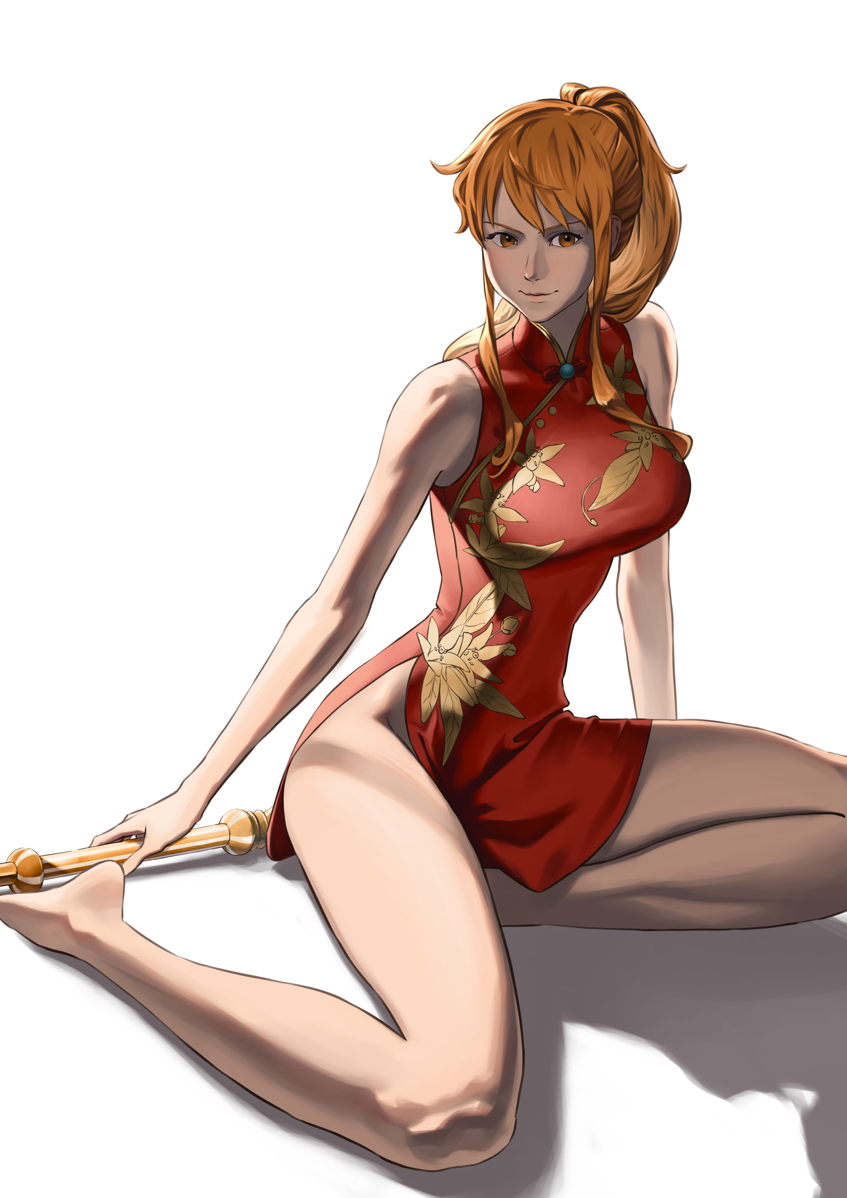 shoko (pixiv 74769700), nami (one piece), one piece, absurdres, highres, 1girl, bare arms, bare legs, bare shoulders, barefoot, breasts, china dress, chinese clothes, clima-tact, closed mouth, dress, floral print, floral print dress, high ponytail, holding, holding staff, large breasts, legs, long hair, looking at viewer, official alternate costume, orange hair, ponytail, print dress, red dress, sidelocks, sitting, sleeveless, sleeveless dress, smile, solo, staff, white background, yokozuwari