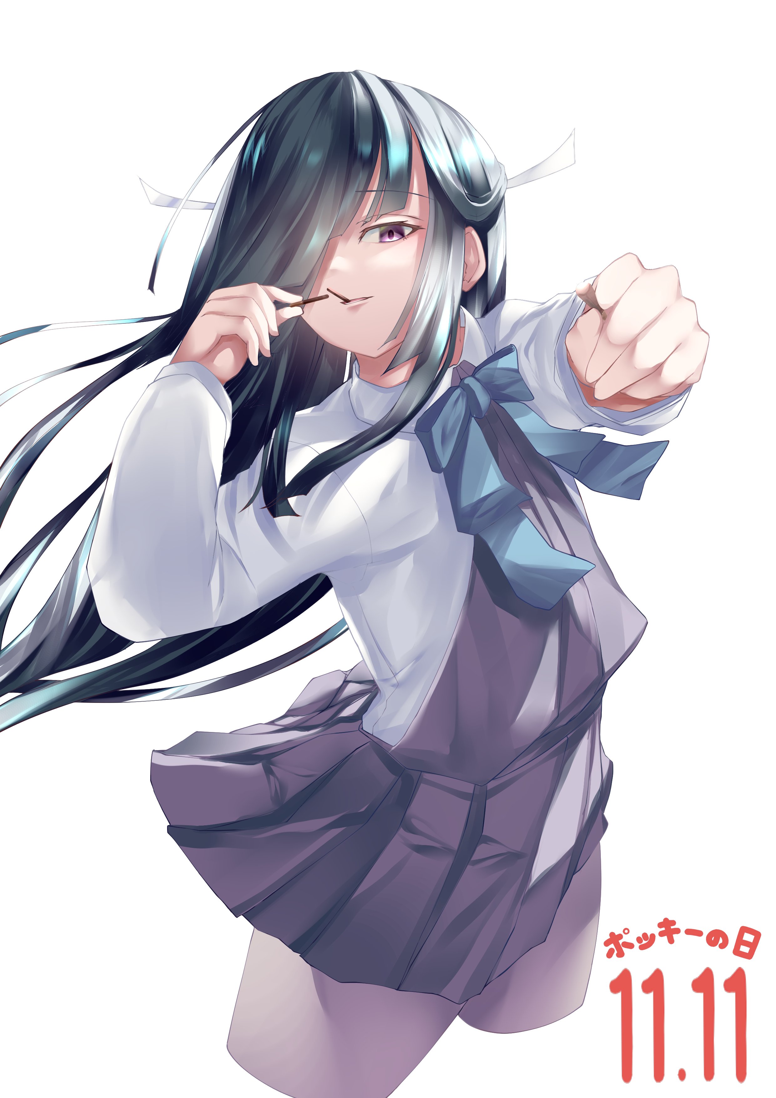 001machi, hayashimo (kancolle), kantai collection, absurdres, commentary, highres, 1girl, asymmetrical bangs, black hair, blue bow, blue bowtie, bow, bowtie, collared shirt, cropped legs, dress, dress shirt, floating hair, food, food in mouth, grey pantyhose, hair over one eye, hair ribbon, half updo, halter dress, halterneck, incoming food, long bangs, long hair, long sidelocks, looking at viewer, pantyhose, pleated dress, pocky, pocky day, pocky in mouth, purple dress, reaching, reaching towards viewer, red eyes, ribbon, school uniform, shirt, sidelocks, simple background, skirt, skirt flip, solo, very long hair, white background, white ribbon, white shirt