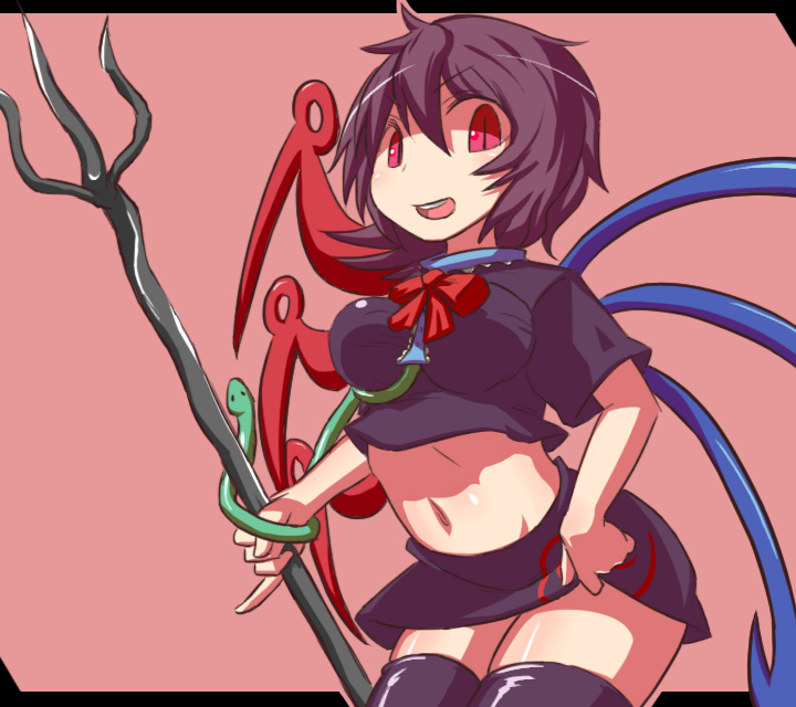 hakika, houjuu nue, touhou, bad id, bad pixiv id, 1girl, female focus, midriff, navel, purple hair, red eyes, solo, staff, thighhighs, wings, zettai ryouiki