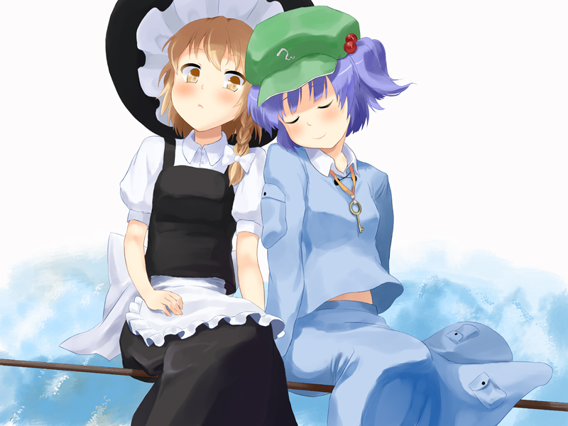 gachapinmuck, izumi (sa na ra ra), kawashiro nitori, kirisame marisa, touhou, bad id, bad pixiv id, 2girls, blonde hair, blue eyes, blue hair, braid, broom, female focus, hair bobbles, hair ornament, hat, key, multiple girls, short hair, twintails, two side up, witch, witch hat, yellow eyes